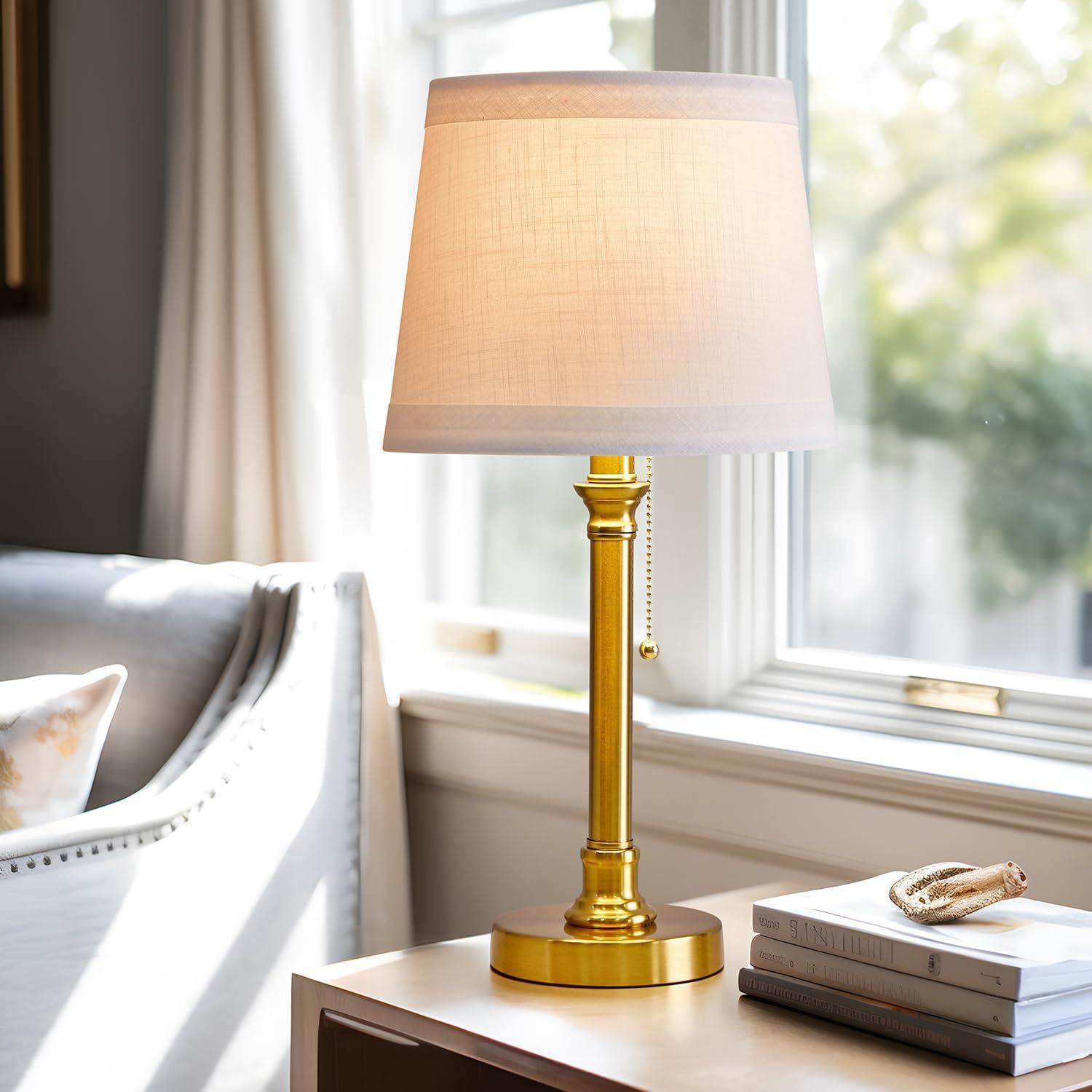 Gold Metal Table Lamp with White Fabric Shade, 19.5"