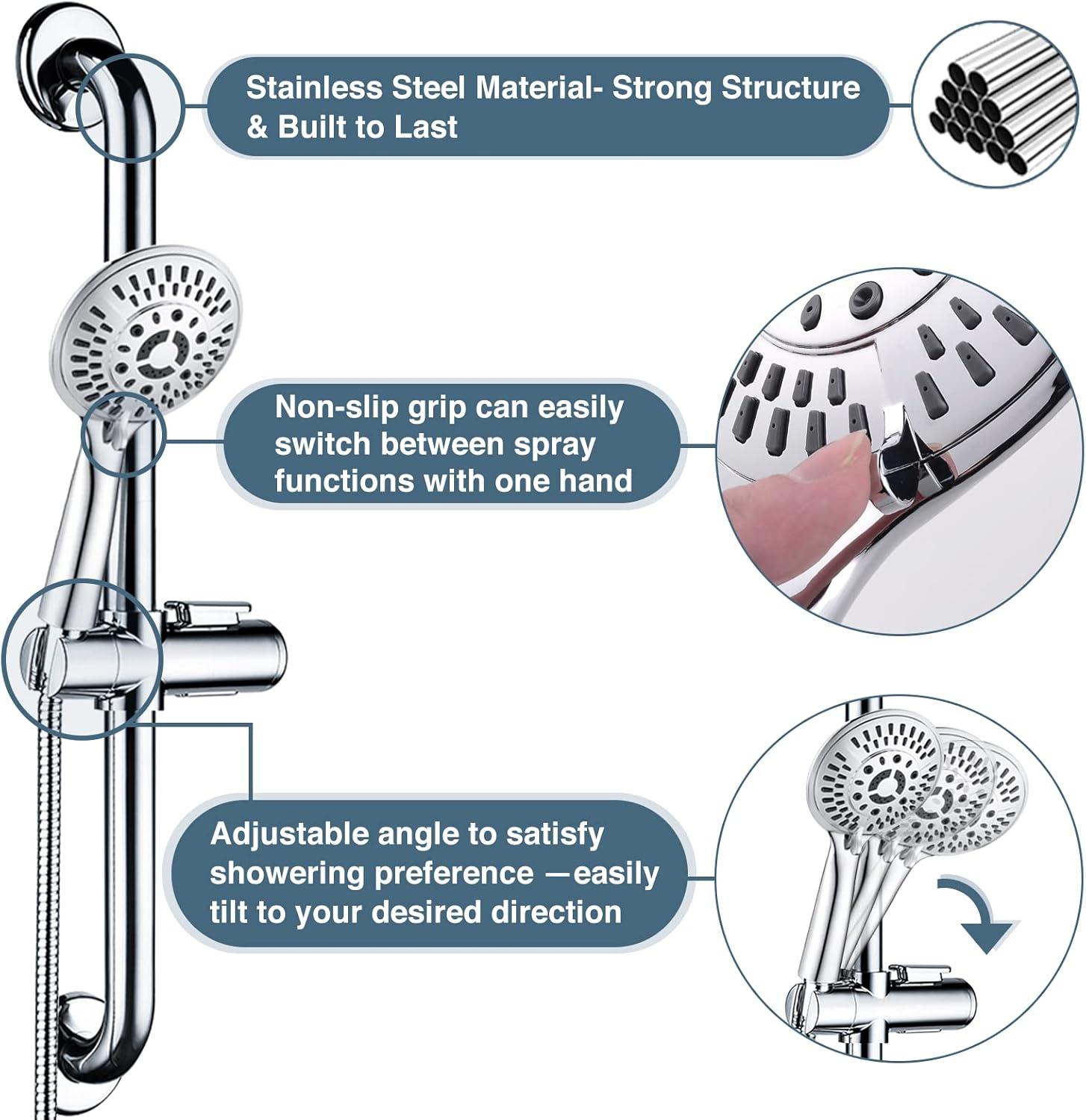 Bright Showers Stainless Steel Slide Bar Grab Rail Set Ada Compliant Includes Handheld Shower Head and 69'' Hose-Chrome