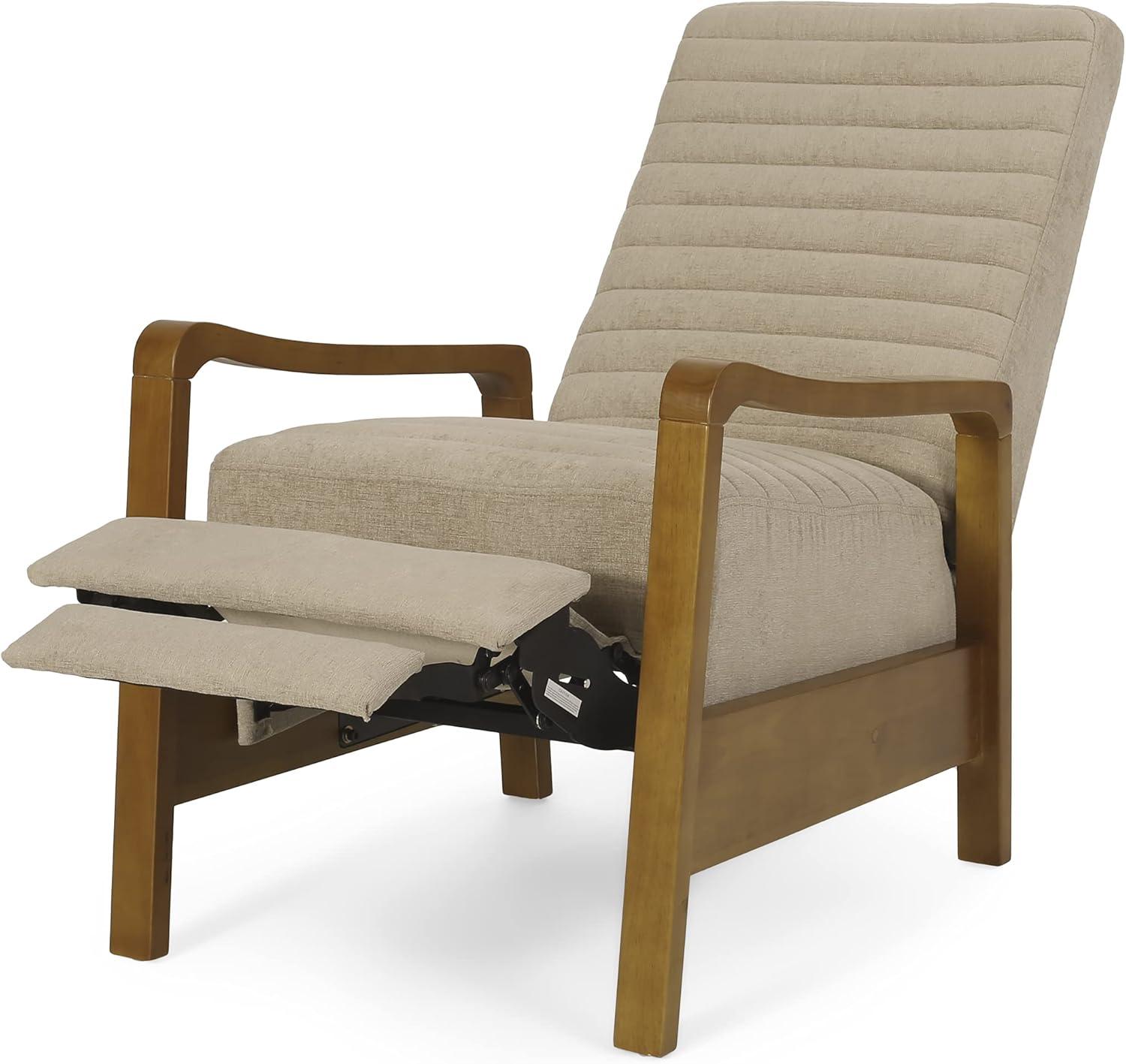 Munro Contemporary Fabric Channel Stitch Pushback Recliner Sand/Teak - Christopher Knight Home: Mid-Century Design, Rubberwood Frame