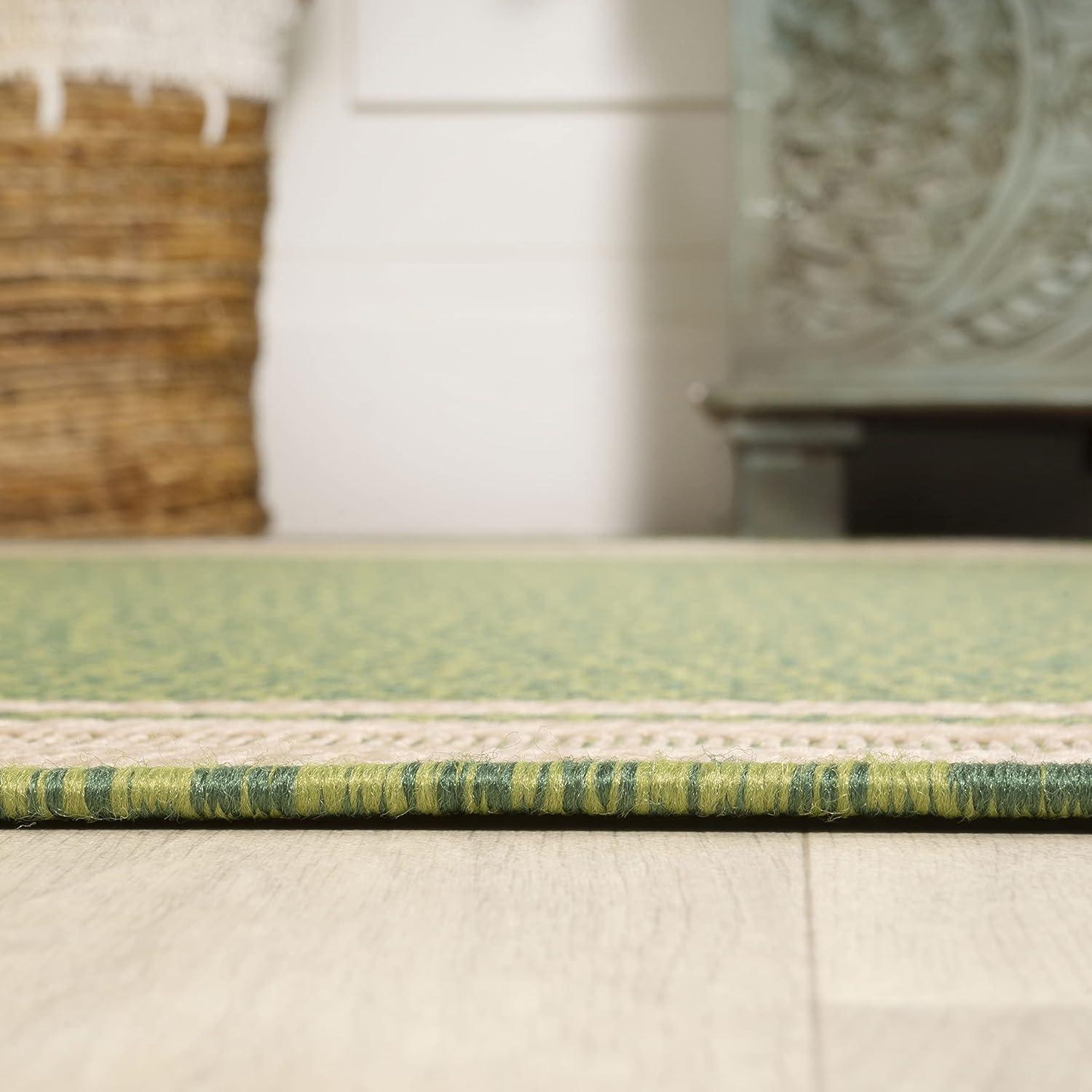 2' x 8' James Modern Border Stripe Indoor/Outdoor Runner Rug, Green/Cream - JONATHAN Y