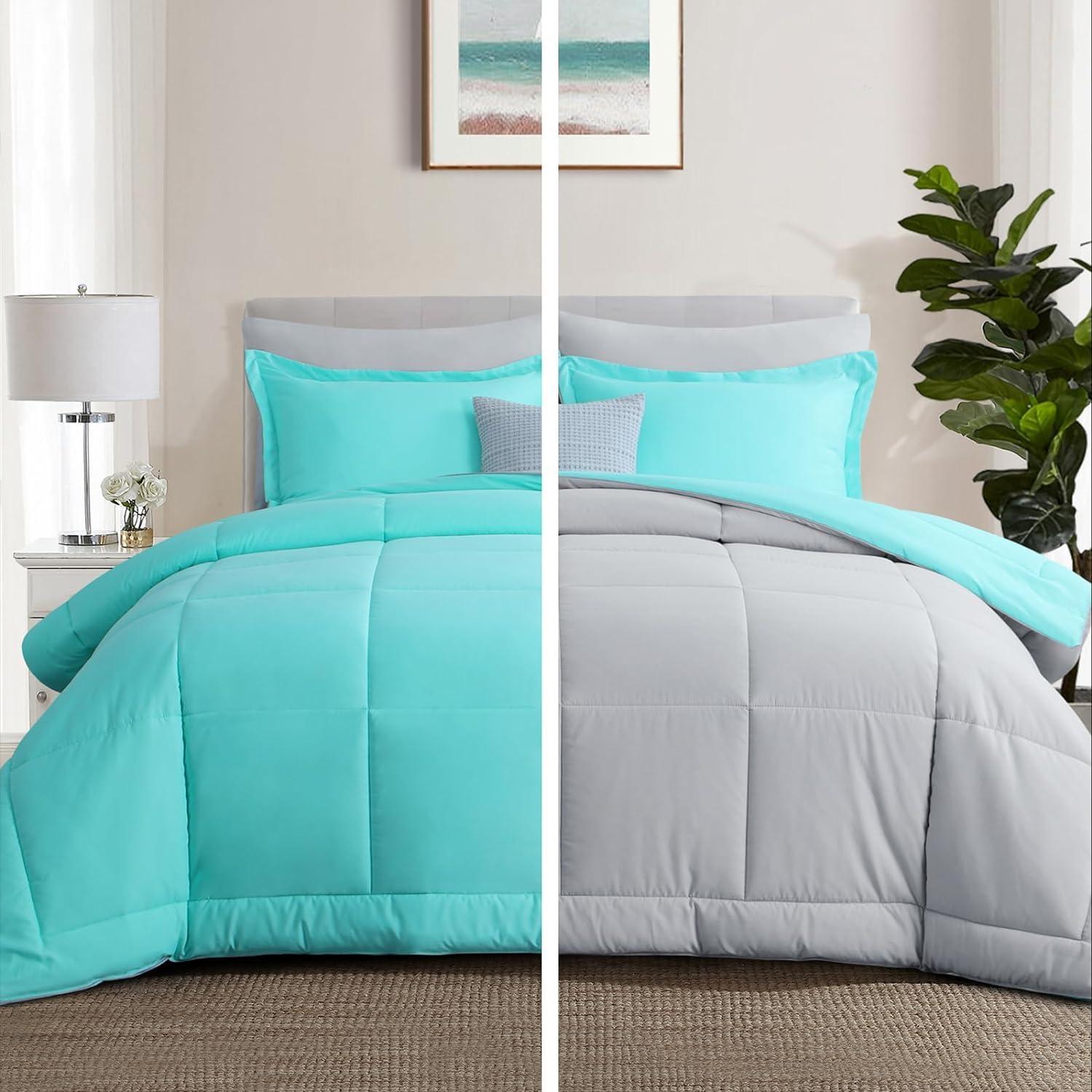 Twin Turquoise and Gray Reversible Microfiber Comforter Set