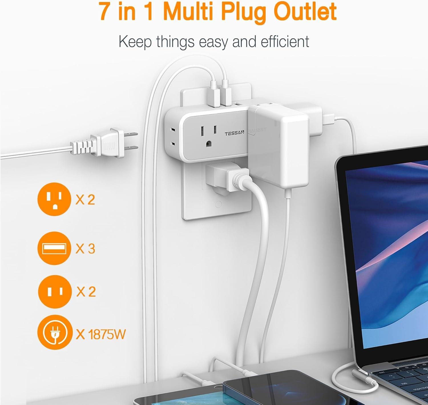 Outlet Extender Surge Protector, TESSAN Multi Wall Plug with 4 AC Electrical Outlets, 3 Sided Multiple Plug Expander, 1875W Max, Power Splitter 3 Prong Adapter for Home Bathroom Office Dorm Room