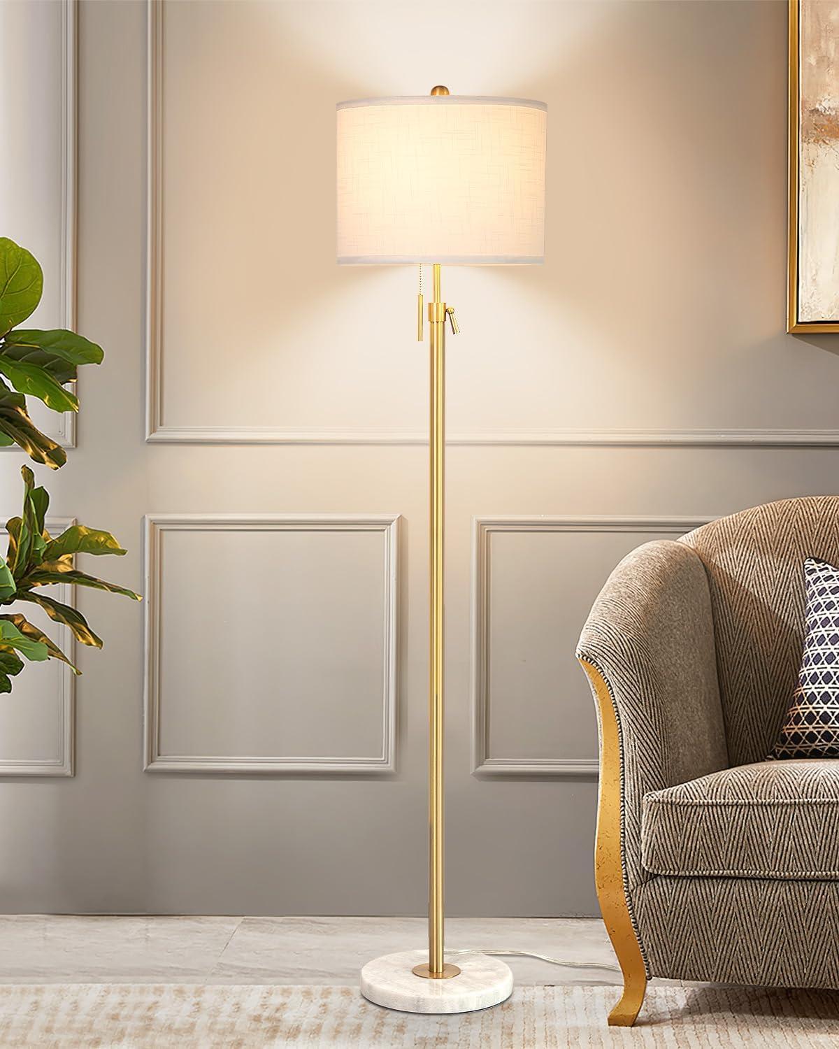 Adjustable Gold Floor Lamp with Marble Base and White Linen Shade