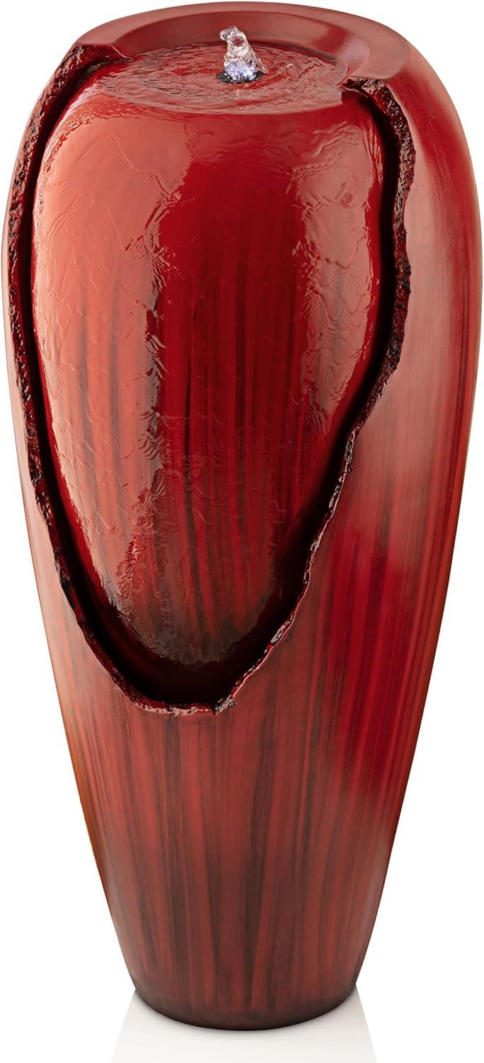 Alpine Corporation DIG100XS-RD Outdoor Floor Antique Jar Water Fountain with LED Lights, Vintage Light Waterfall, 33", Red
