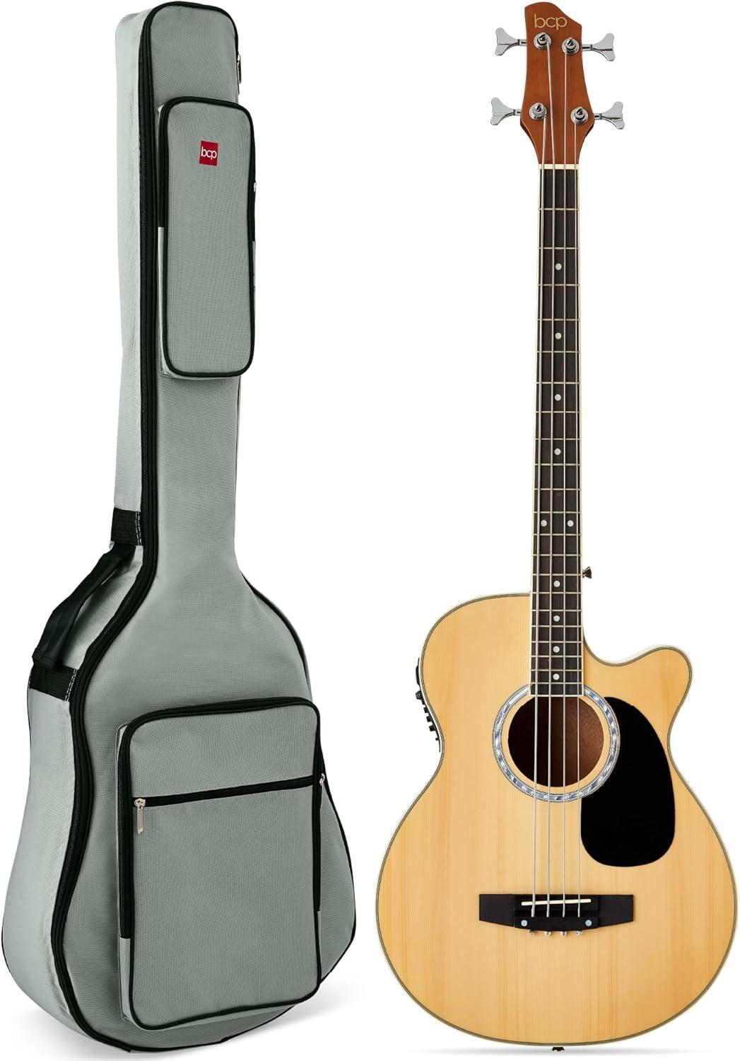 Best Choice Products 22-Fret Full Size Acoustic Electric Bass Guitar w/ 4-Band Equalizer, Truss Rod, Padded Gig Bag - Natural