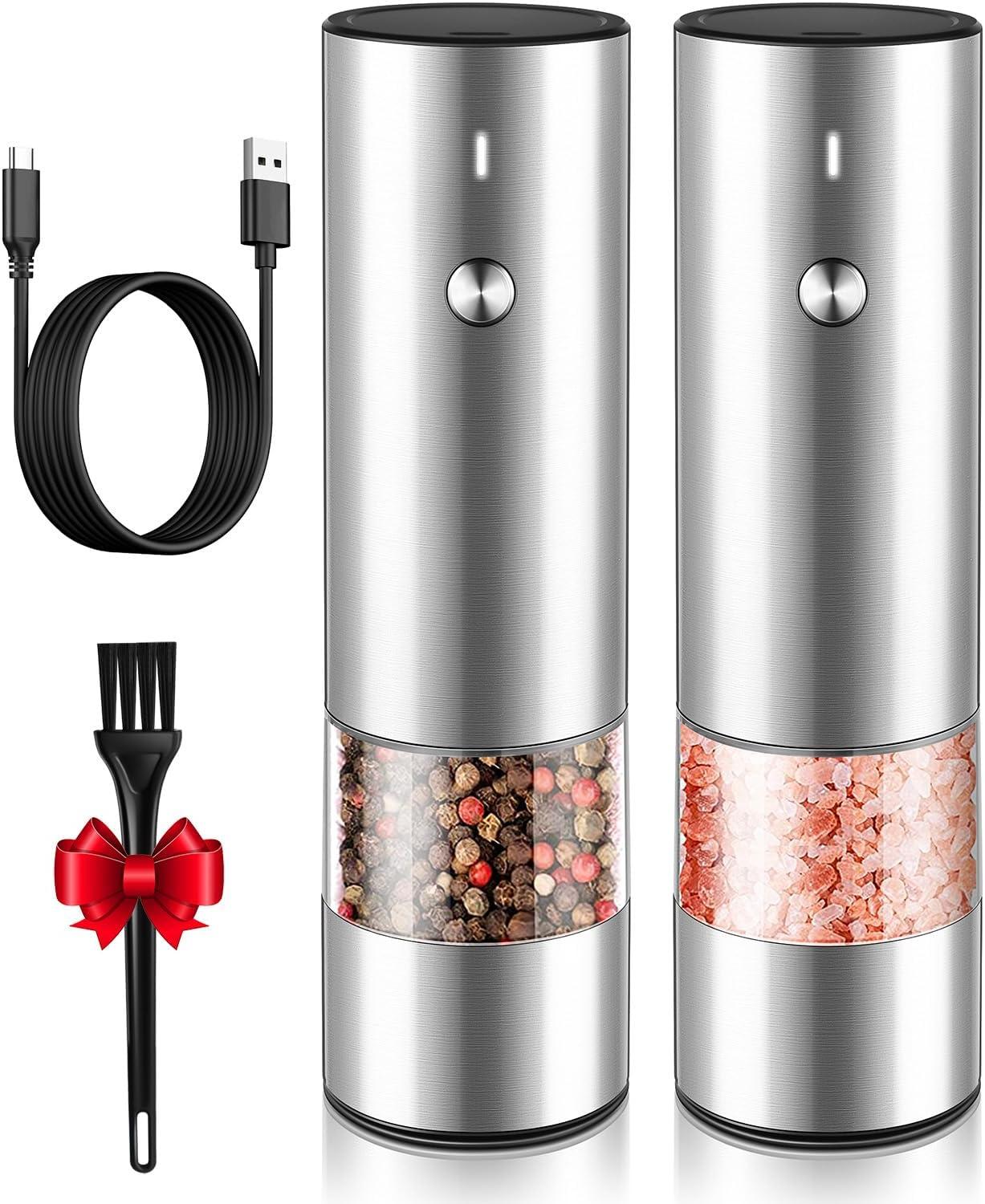 MODERN WALLS LLC Electric Salt And Pepper Grinder Set - USB Rechargeable - Durable Modern Style - Automatic Black Peppercorn & Sea Salt Spice Mill Set With Adjustable Coarseness & LED Light Refillable