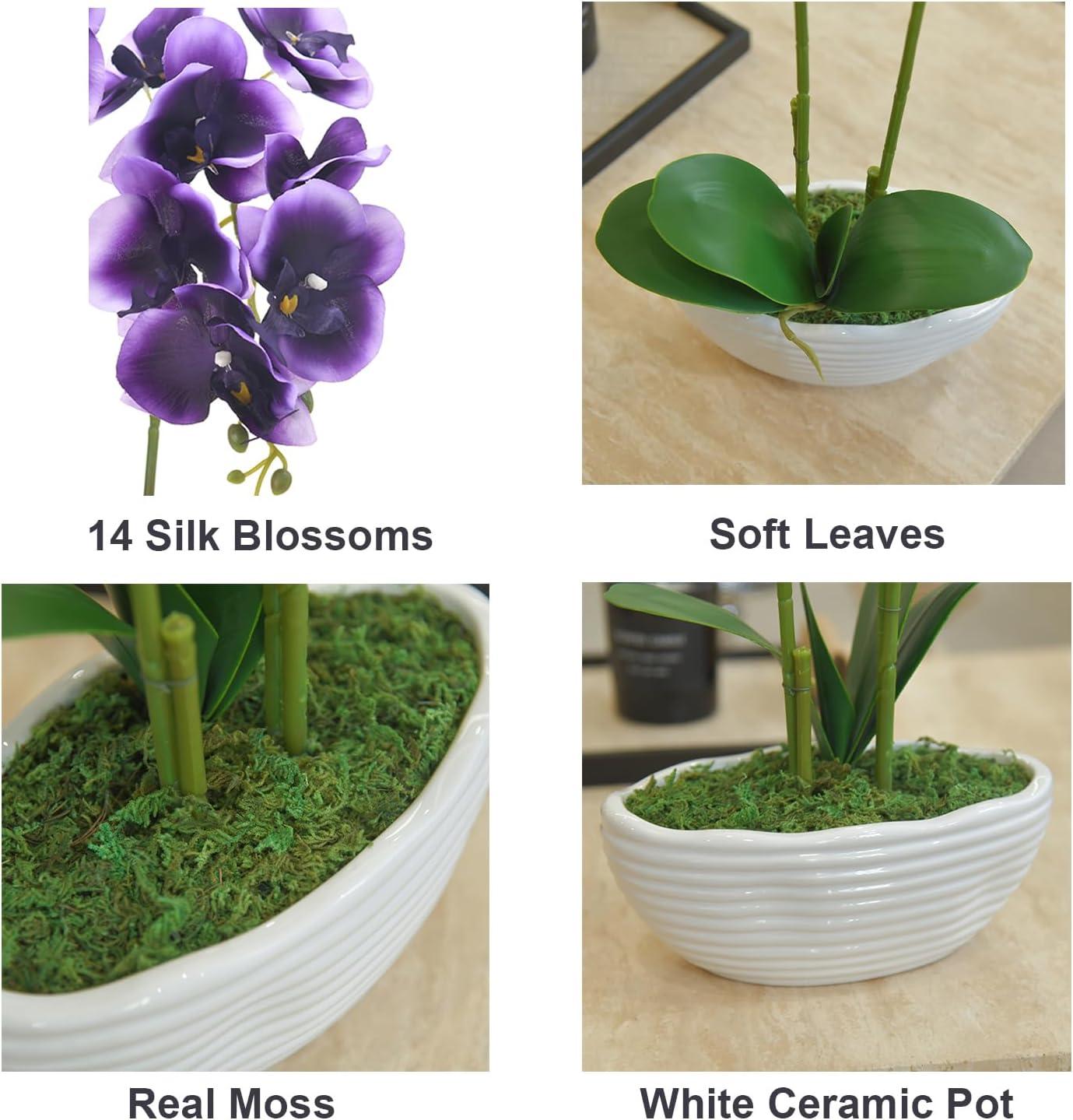 Large Artificial Potted Orchid Plant, Silk Flower Arrangement with Ceramics Vase, Deep Purple