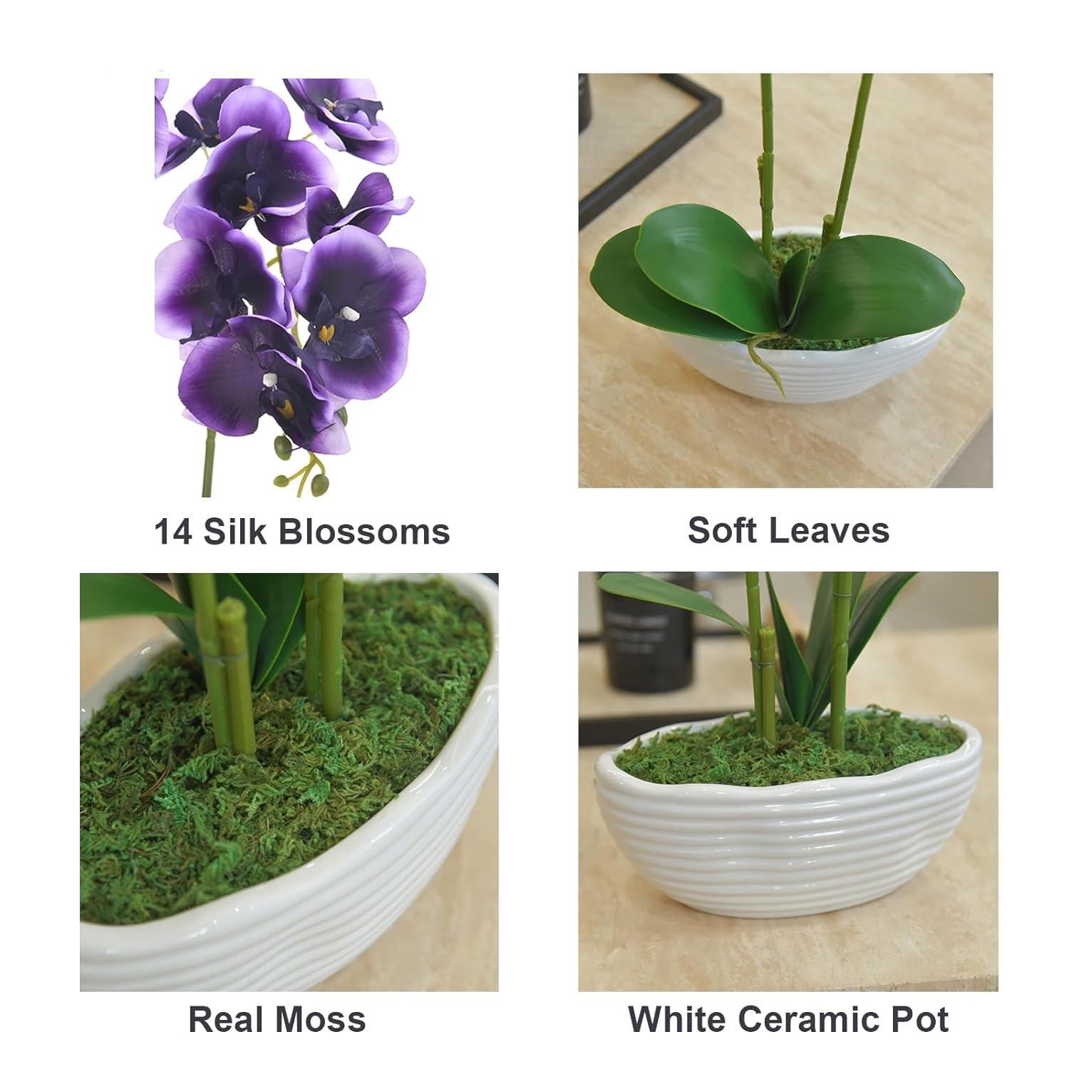 Large Artificial Potted Orchid Plant, Silk Flower Arrangement with Ceramics Vase, Deep Purple