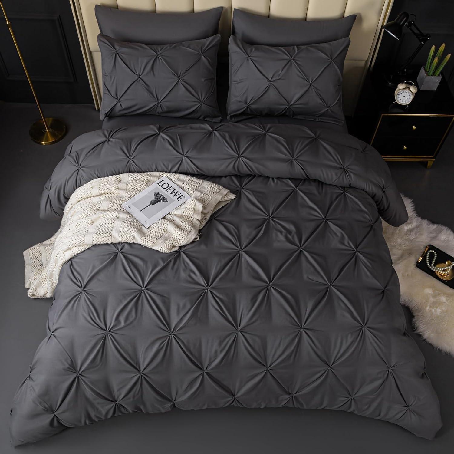 Dark Grey Pintuck Queen Bed in a Bag Set