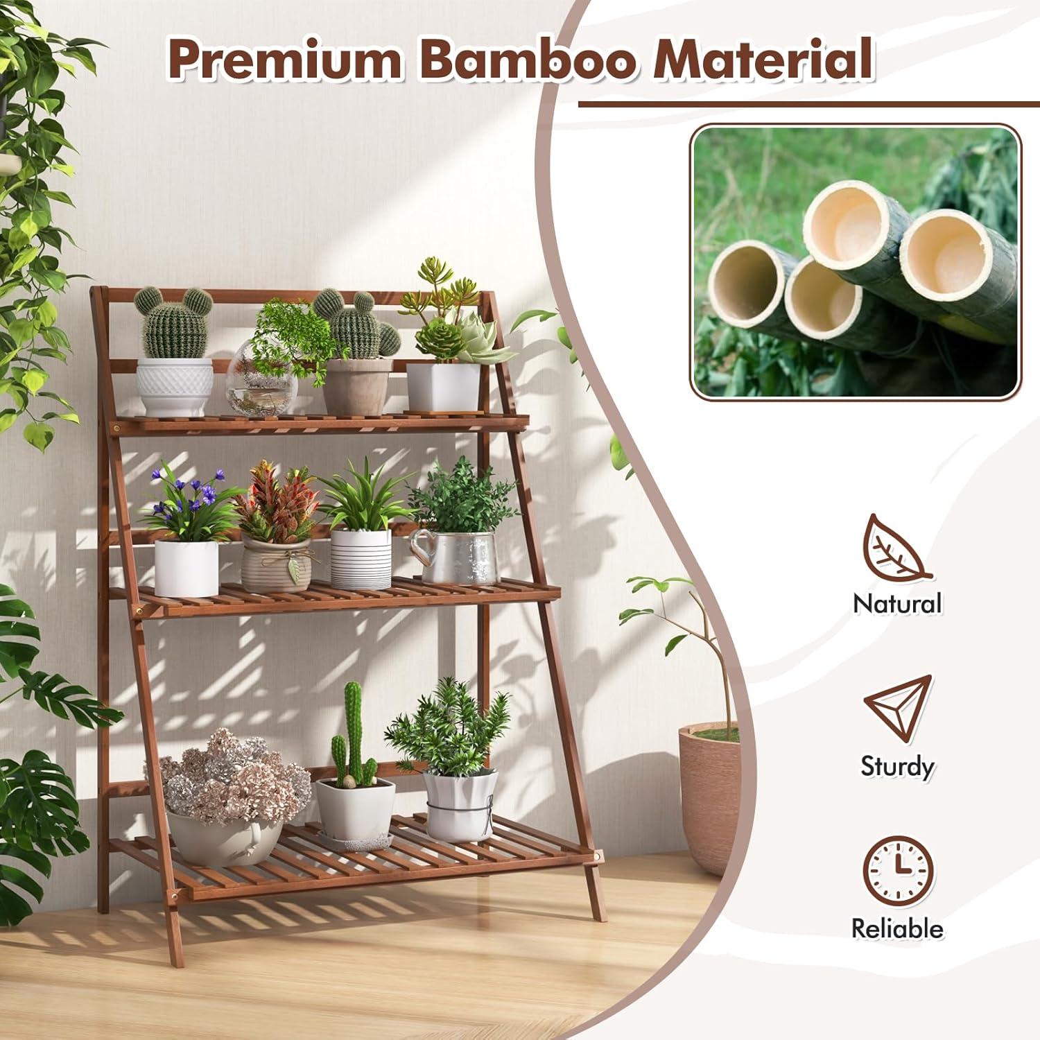 Costway Bamboo Ladder Plant Stand 3-Tier Foldable Flower Pot Display Shelf Rack Natural