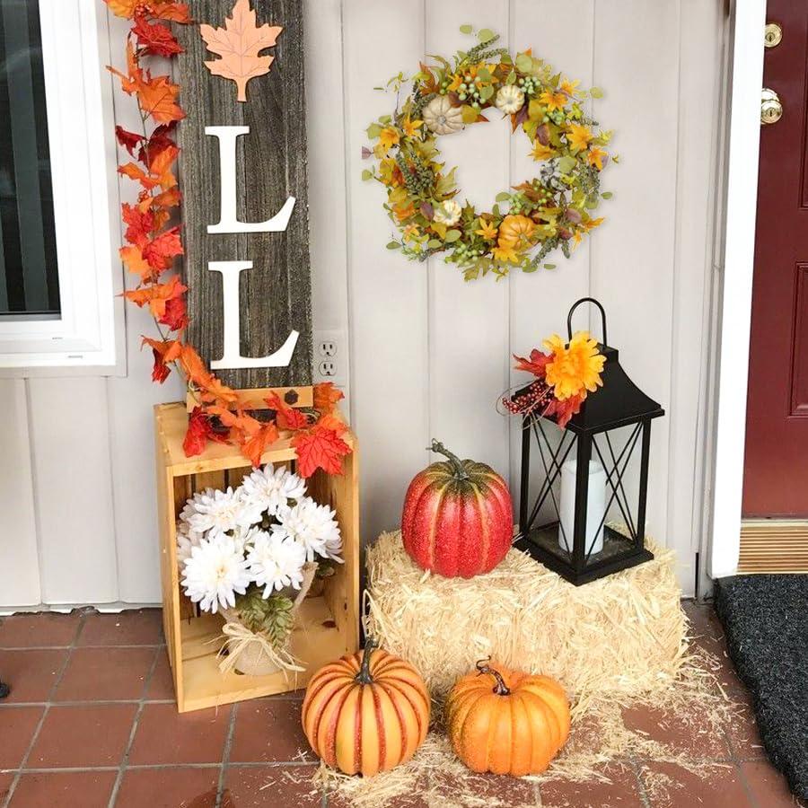 Fall Wreath 20’’ Autumn Front Door Wreath Harvest Wreath with Sunflower Pumpkins Berries Maple Leaves Daisies for Outside Indoor Home Wall Festival Thanksgiving Autumn Farmhouse Decor