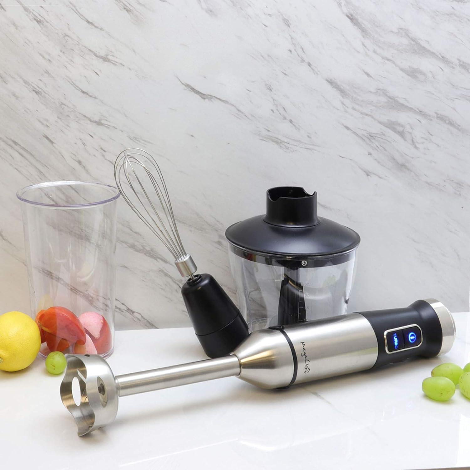 MegaChef 4-in-1 Multipurpose Immersion Hand Blender - Silver: Portable Handheld, 300W, 2 Speeds, Includes Chopper & Whisk