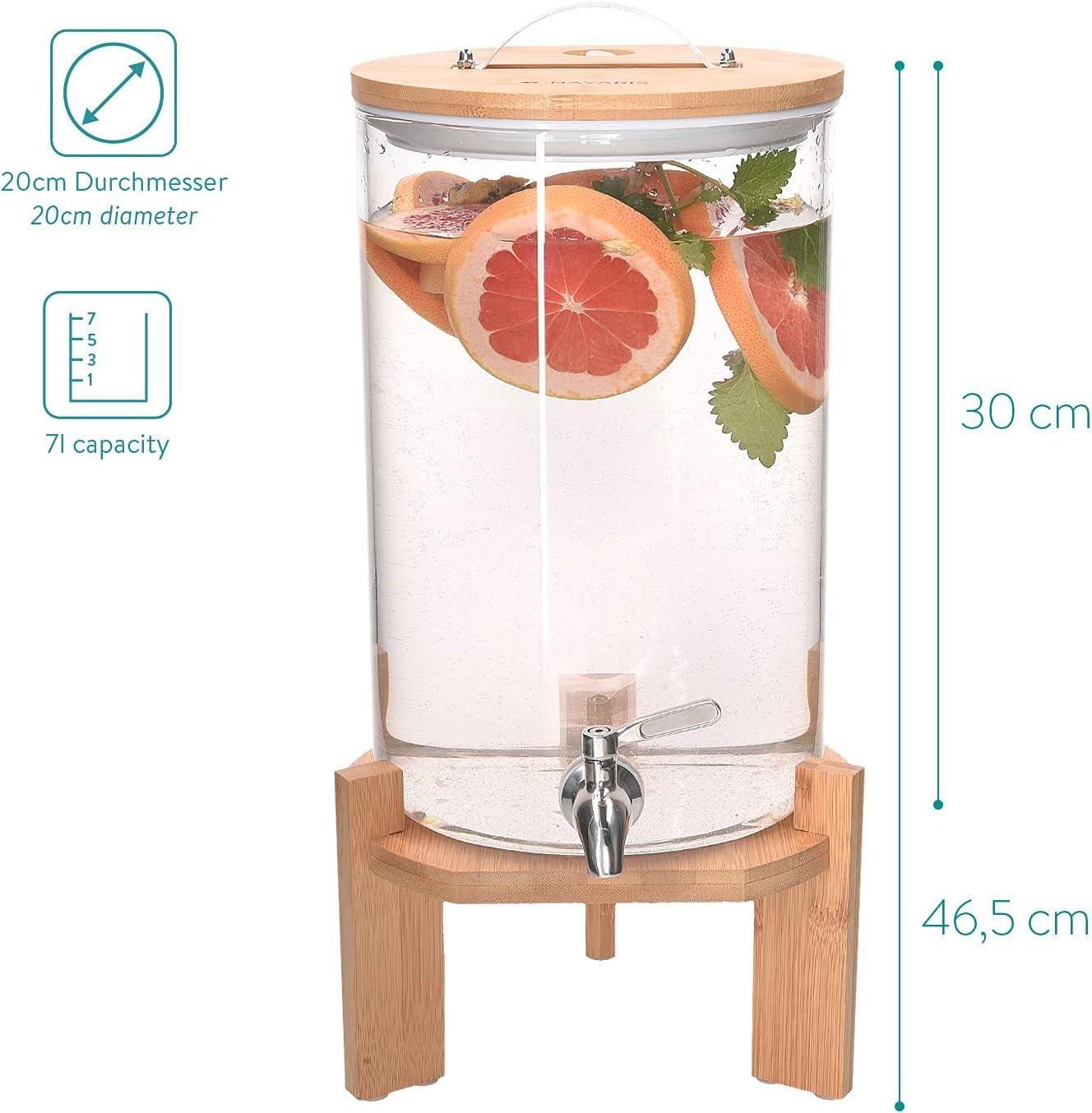 Navaris Beverage Dispenser with Stand - 1.8 Gallon (7L) Glass Drink Dispenser with Spigot, Lid, Wood Stand for Hot or Cold Drinks, Ice Water, Parties