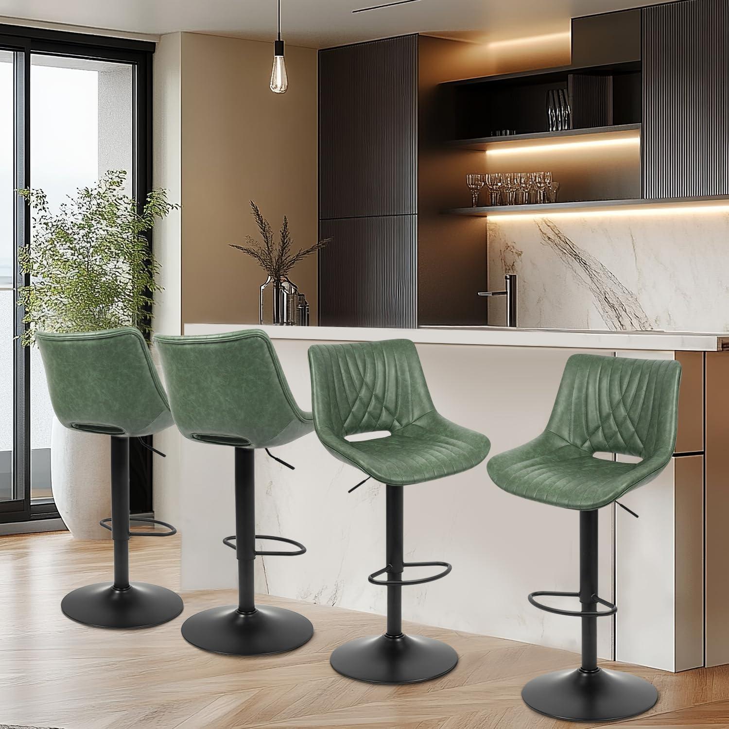 Restworld Set of 2 Modern Adjustable Bar Stools,Faux Leather Swivel Counter Stools with Sturdy Large Base, Ideal for Kitchen and Dining Areas,Green