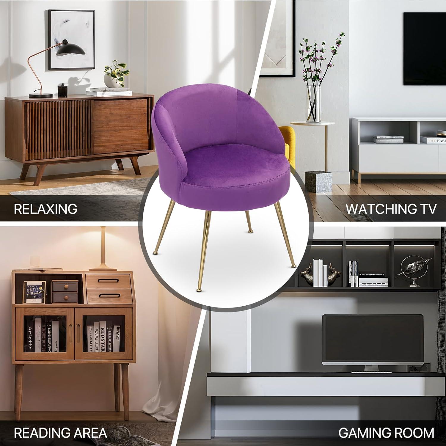 MoNiBloom Velvet Barrel Accent Chair with for Bedroom, Modern Vanity Chair for Living Room, Upholstered Arm Chair Guest Chair with Golden Metal Legs, Purple