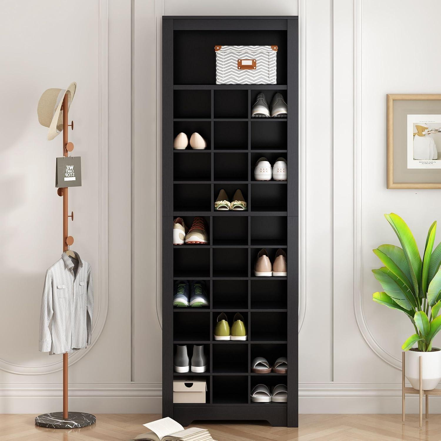 Tall Black Particle Board 30-Pair Shoe Cubby Cabinet