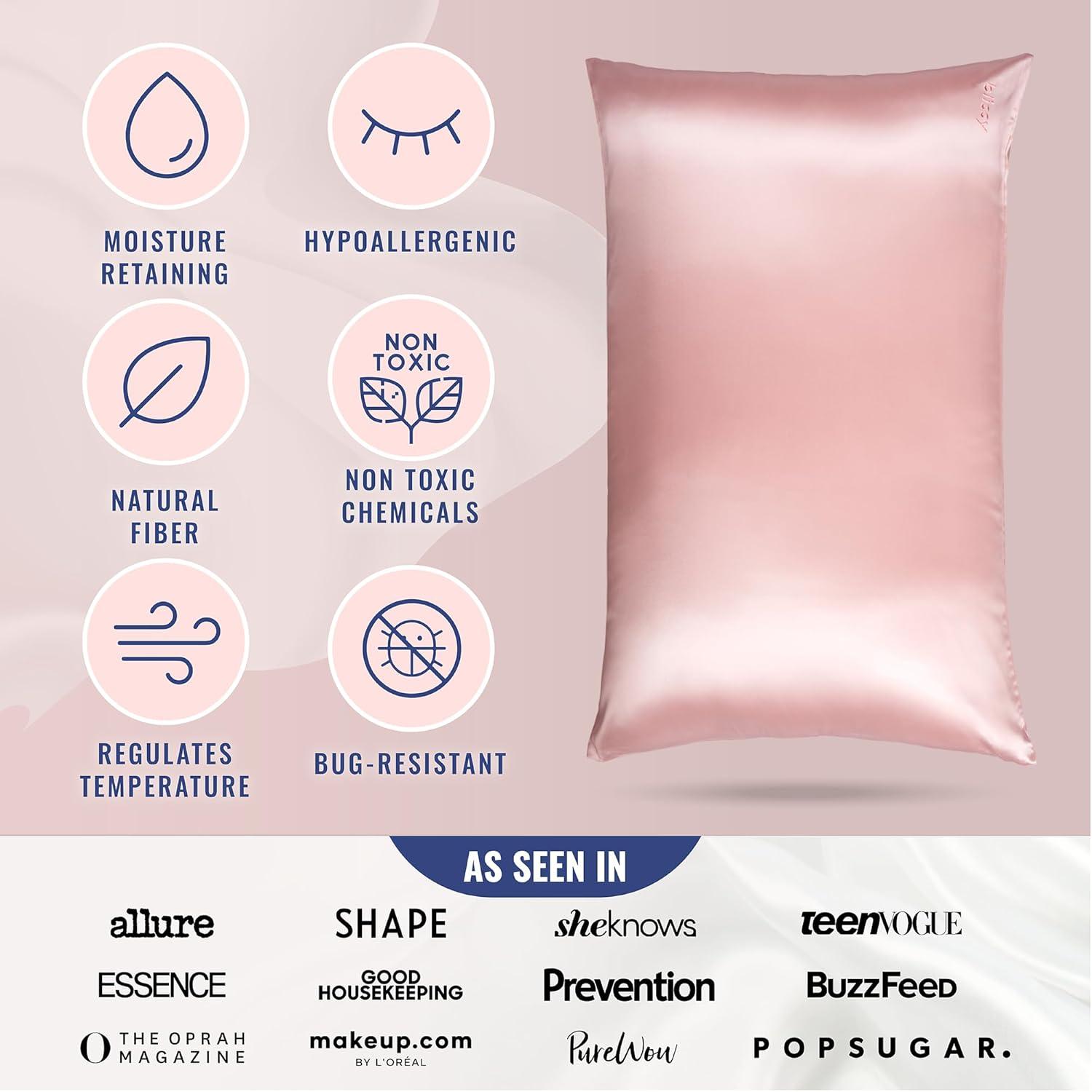 Blissy Silk Pillowcase - 100% Pure Mulberry Silk - 22 Momme 6A High-Grade Fibers - Silk Pillow Cover for Hair & Skin - Regular, Queen & King with Hidden Zipper (Standard, Pink)