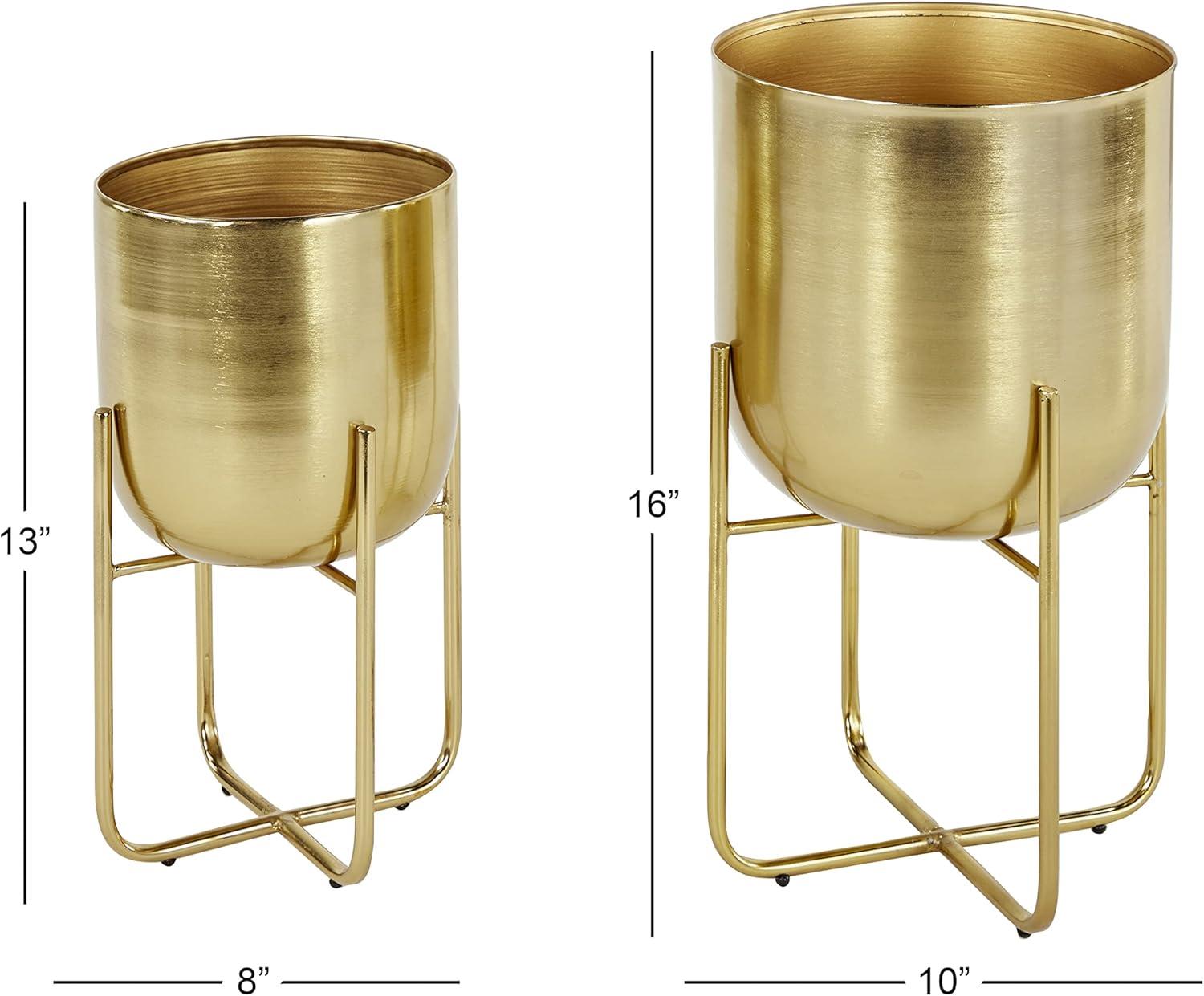 DecMode 16", 13"H Brushed Dome Gold Metal Planter with Curved X-Shaped Bases (2 Count)