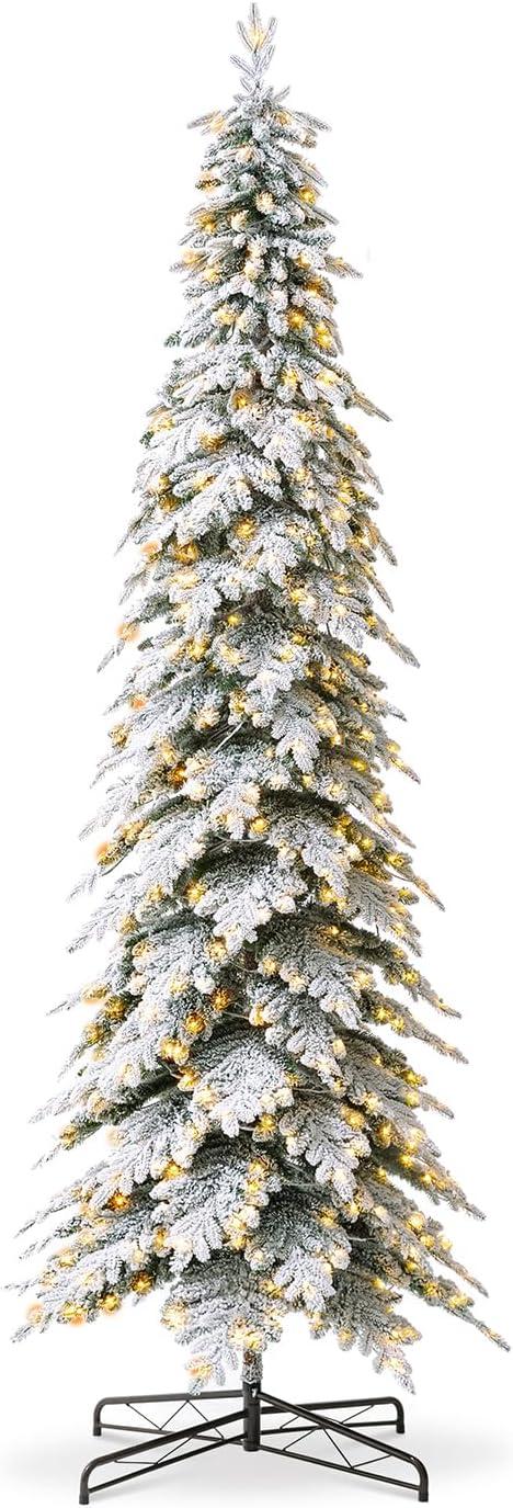 11ft Warm White Pre-Lit Flocked Narrow Spruce Christmas Tree