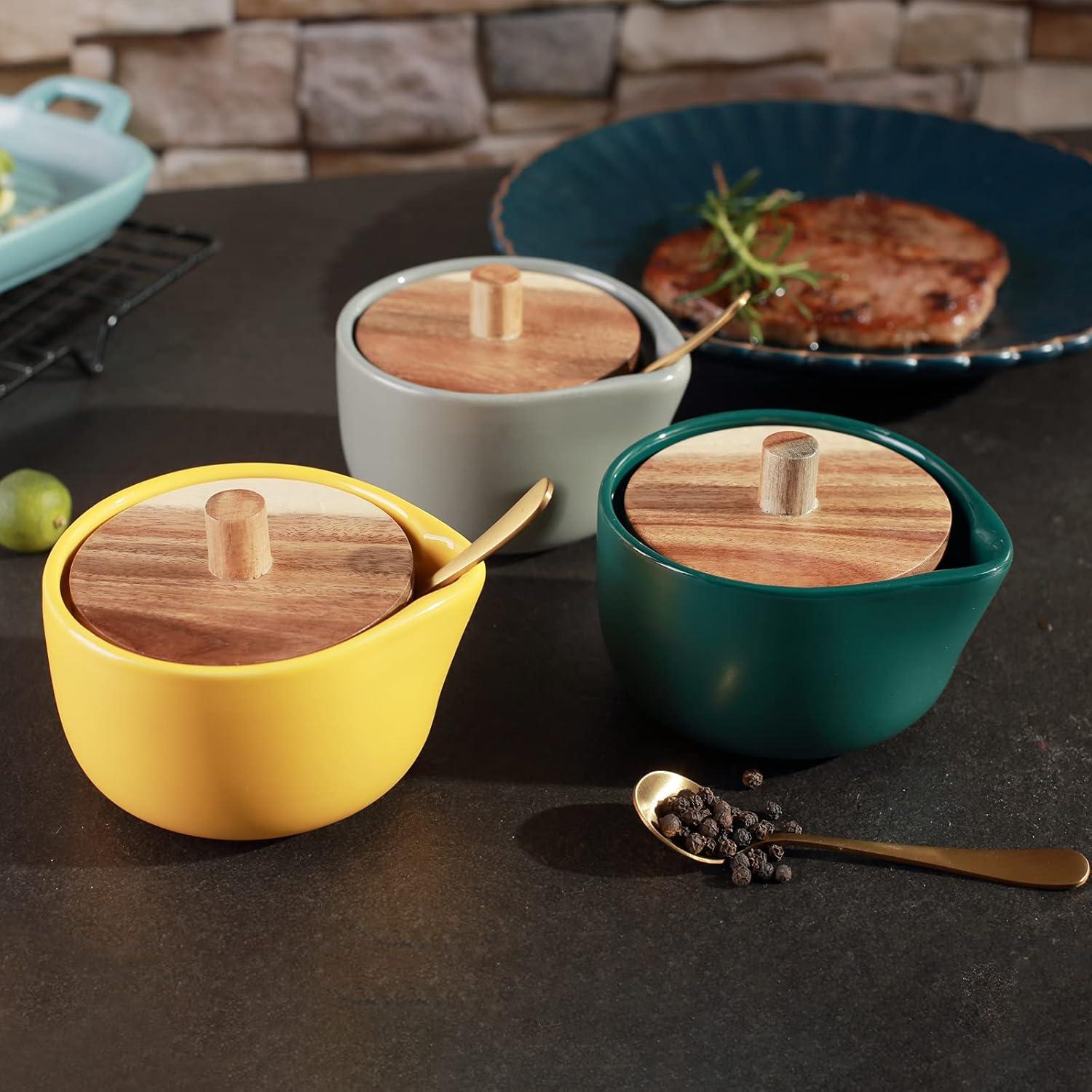 everous Salt Box(yellow) Salt Cellar Elegant Design Decorative Boxes Big Capacity Wood yellow Ceramic Base