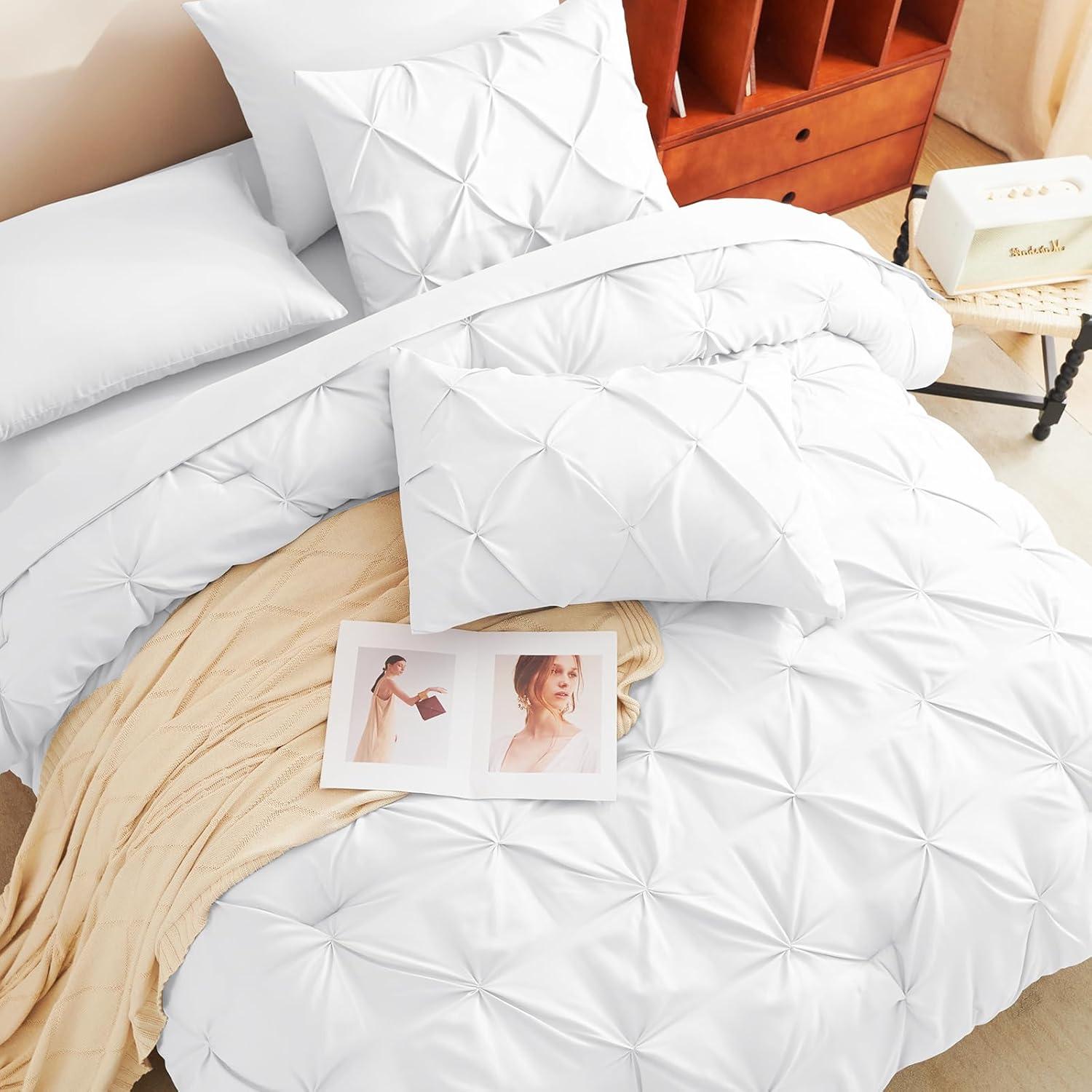 Cozy Comfort White King Comforter Set - 7 Pieces Pintuck Bed in A Bag, Bedding Sets with Comforters, Sheets, Pillowcases & Shams