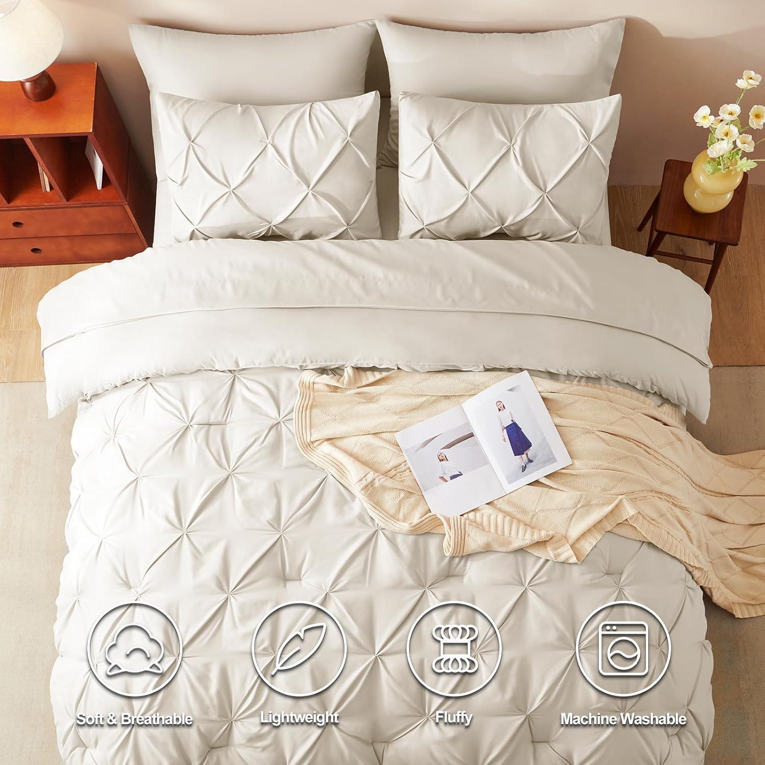 CozyLux Beige Comforter Set Queen 7 Pieces Bed in A Bag Cream Off White Pintuck Comforters Queen Size Pinch Pleat Bedding Sets with All Season Comforter, Flat Sheet, Fitted Sheet and Pillowcases&Shams
