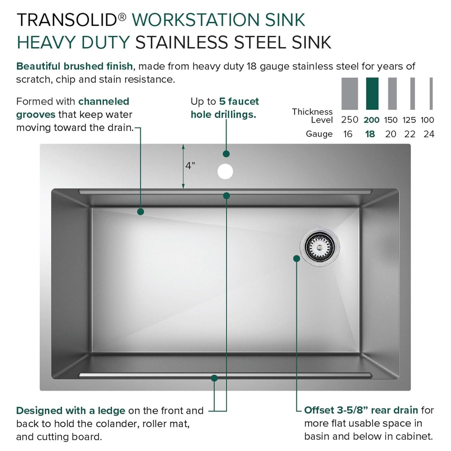 Transolid 32-in X 22-in 18-Gauge Drop-in Stainless Steel Kitchen Workstation Sink