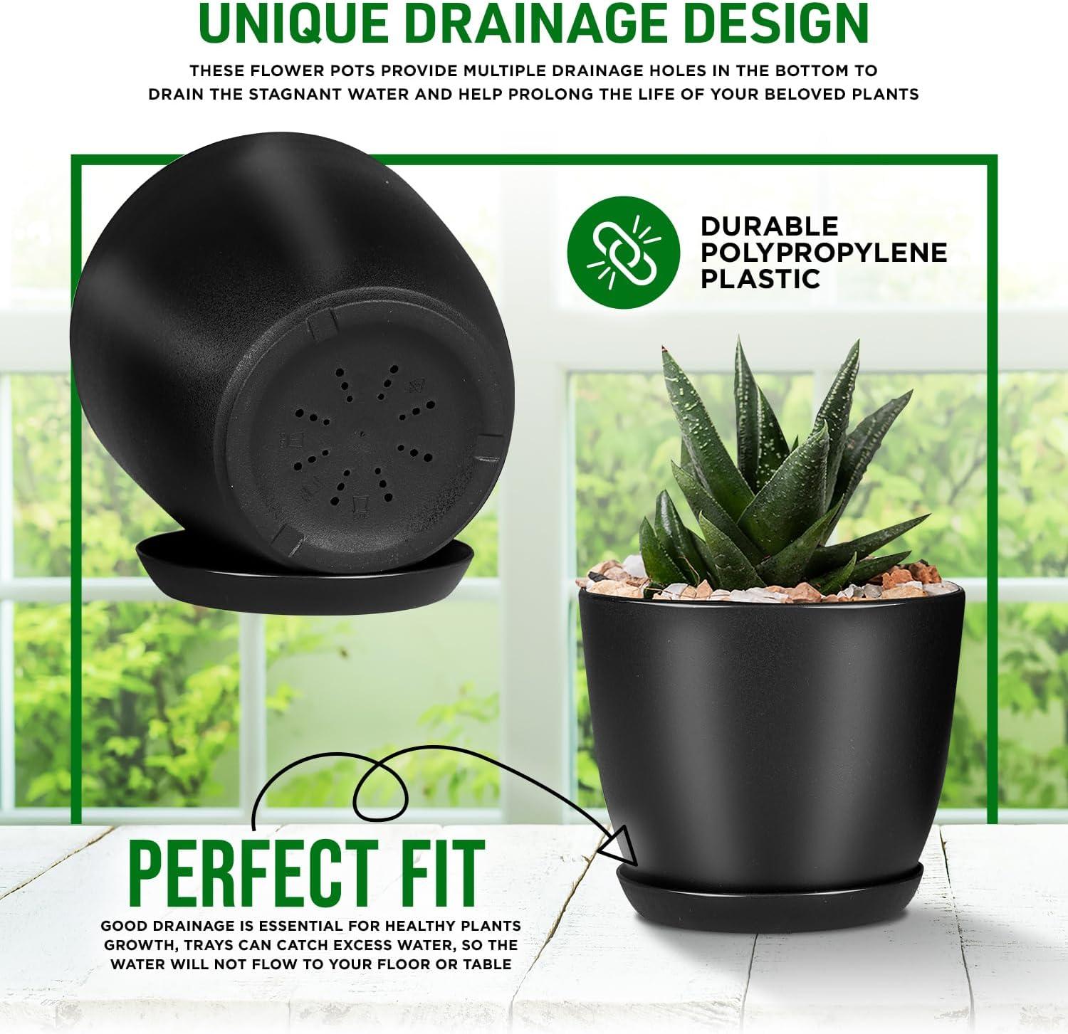 Lifemaster Plant Pots with Drainage - Sturdy Plastic, Stackable Design for Indoor and Outdoor Gardening - Pack of 5