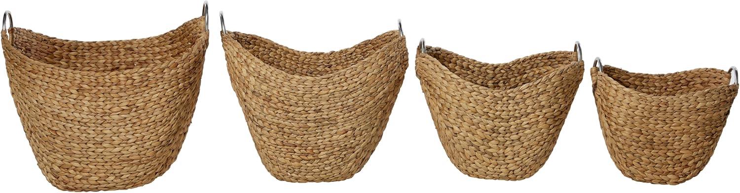 4 Piece Brown Seagrass Handmade Woven Storage Basket with Metal Handles Set