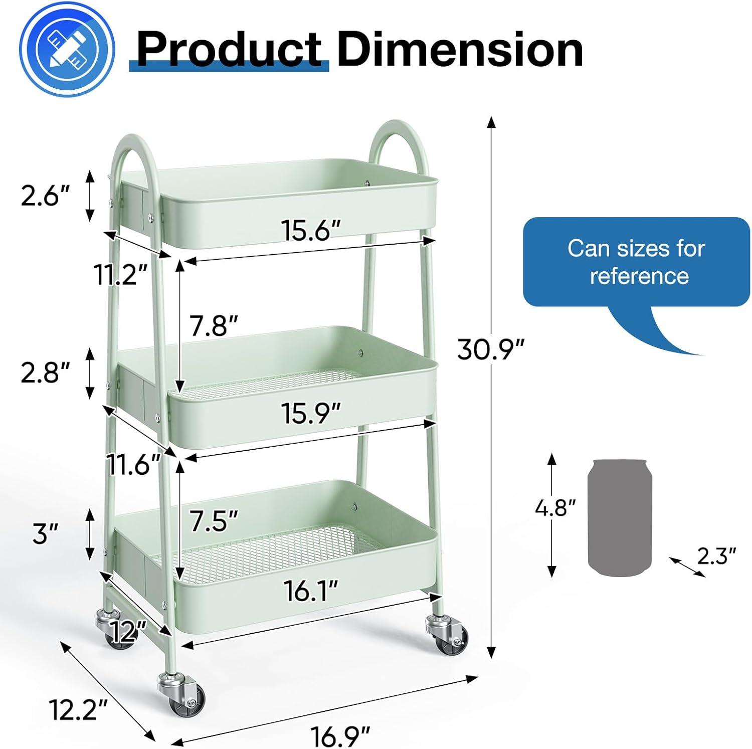 Green Metal 3-Tier Rolling Utility Cart with Lockable Wheels