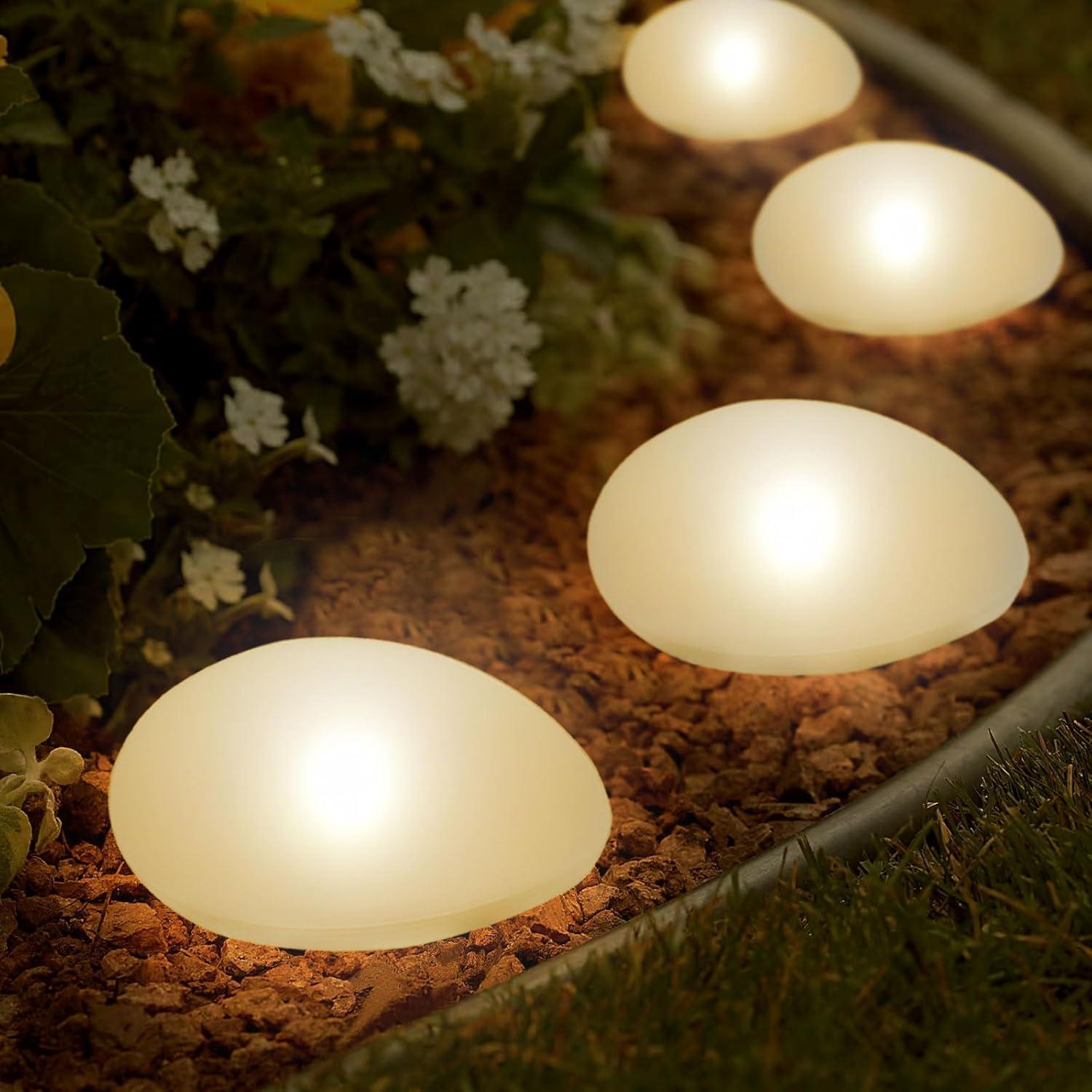 Set of 4 Solar Lights Outdoor Waterproof Solar Pebble Rock Garden Lights Decorative with Warm White LED