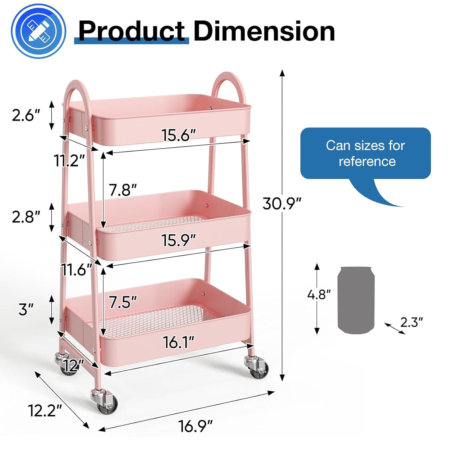 Green Metal 3-Tier Rolling Utility Cart with Lockable Wheels