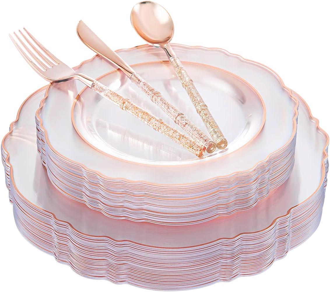 150PCS Rose Gold Plastic Plates - Clear Rose Gold Disposable Plates with Glitter Bamboo Handle Cutlery - 60 Baroque Elegant Plates, 30 Forks, 30 Spoons, 30 Knives for Wedding & party