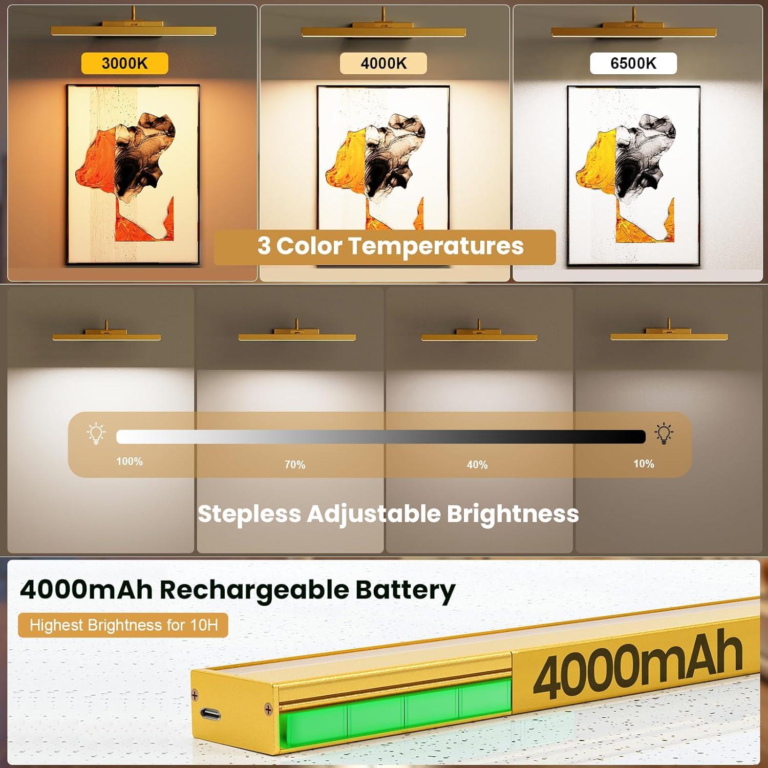 Bridika Picture Lights for Wall Battery Operated, 15.7in Wireless Rechargeable Wall Lights with Remote, 3 Color Temperatures, Dimmable Art Light for Paintings, Gallery, Dartboard, Portraits gold 1pack