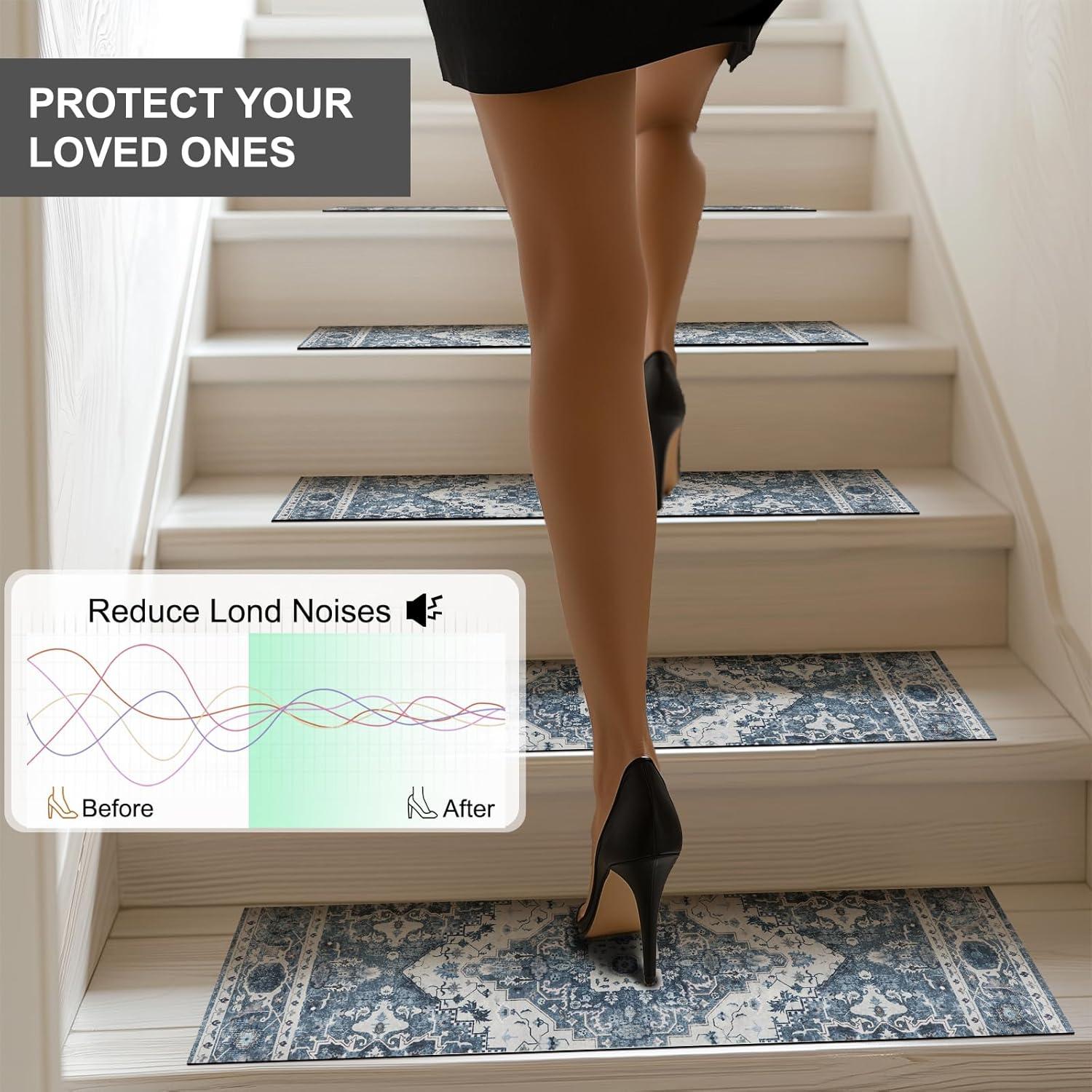 Capslpad Stair Treads Non Slip, 15 Pack 30"X8" Super Non Slip Reusable Staircase Step Treads, Soft Rubber Stair Treads for Wooden Steps, Pets, Elders (Navy Blue)