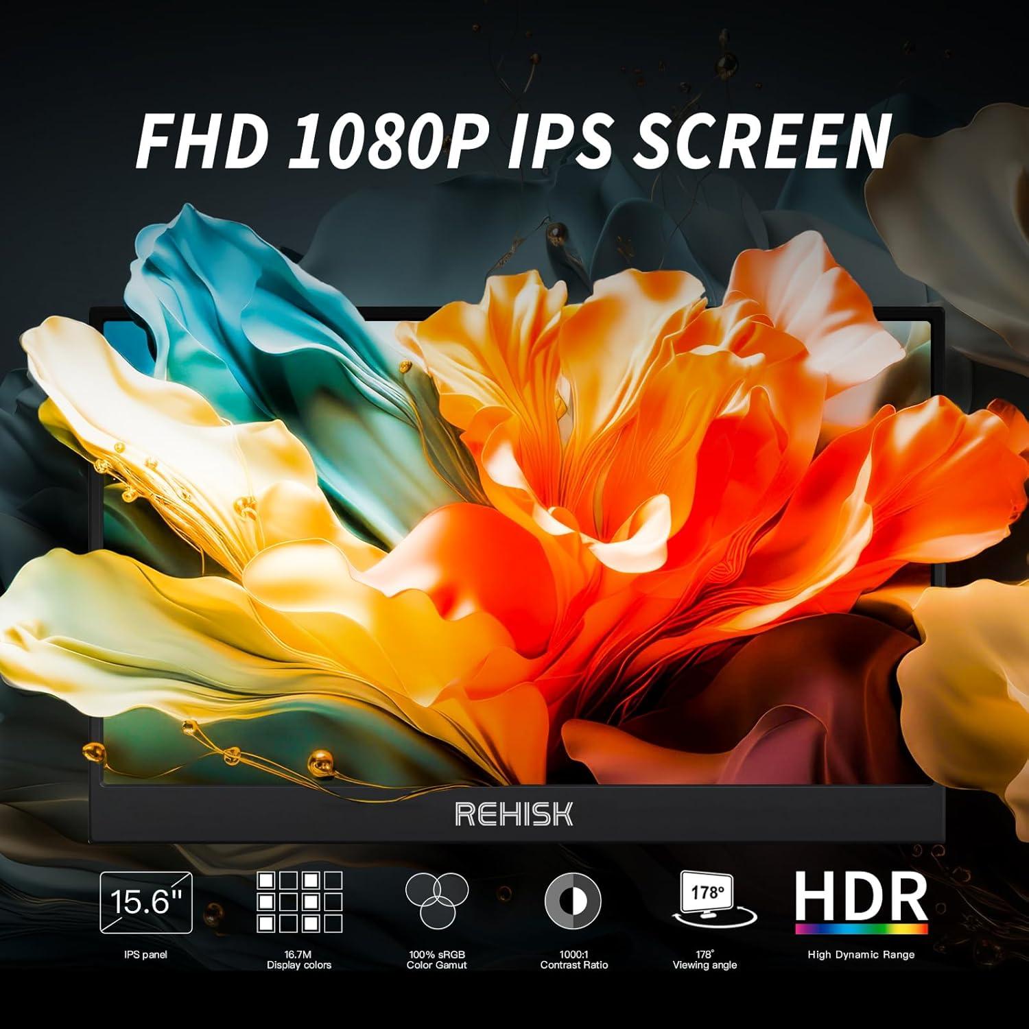 Portable Monitor 15.6" 1080P FHD USB-C HDMI Computer Display with Smart Cover and Dual Speakers, Travel Monitor for Laptop Mac PC Phone PS4/5 Xbox Switch