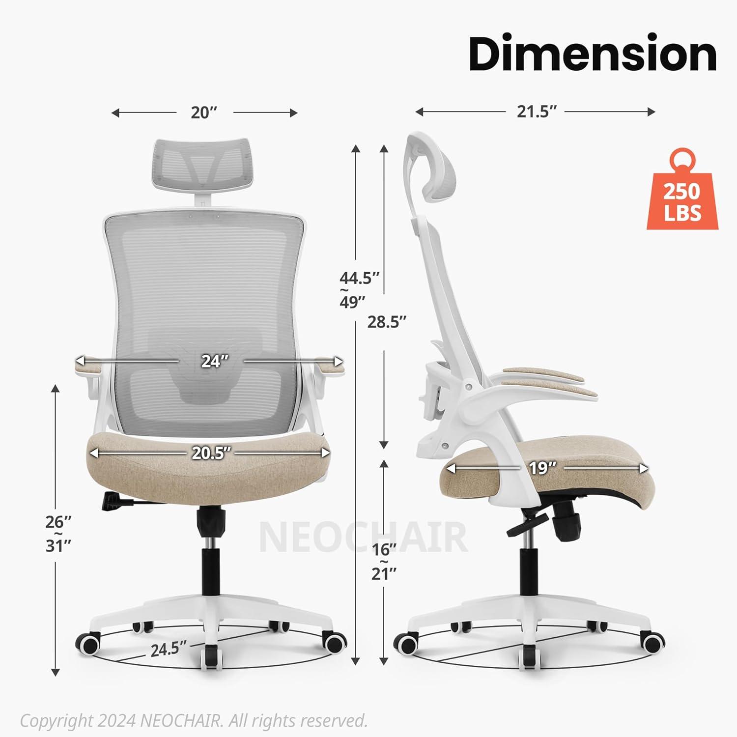 Neo Chair Ergonomic High Back Office Chair with Flip-Up Arms, Beige (Set of 1)