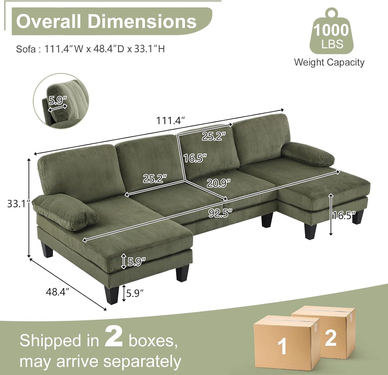 Ktaxon U-Shaped Sectional Sofa, 111"  Corduroy Couch, 4 Seat Lounge Sleeper with Double Chaise for Living Room Green