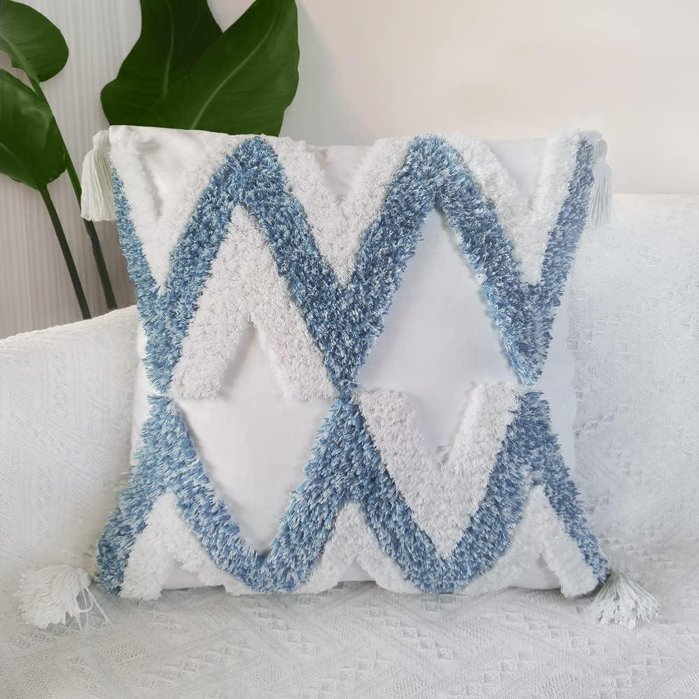 White and Blue Boho Tufted Velvet Pillow Covers with Tassels, 18"x18", Set of 2
