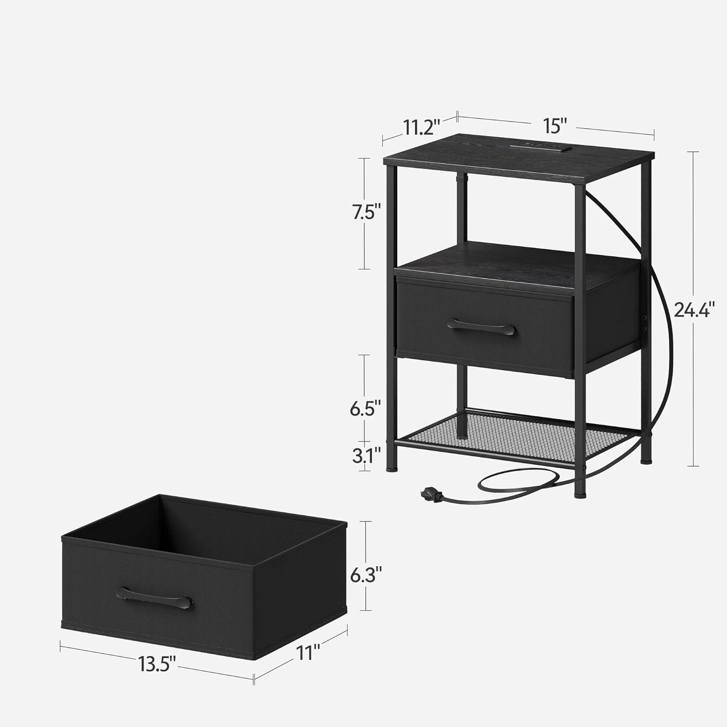 End Table with Charging Station, Narrow Side Table with 2 Fabric Drawers, Skinny Nightstand with LED Light, Slim Bedside Table for Bedroom, Living Room, Small Spaces, White