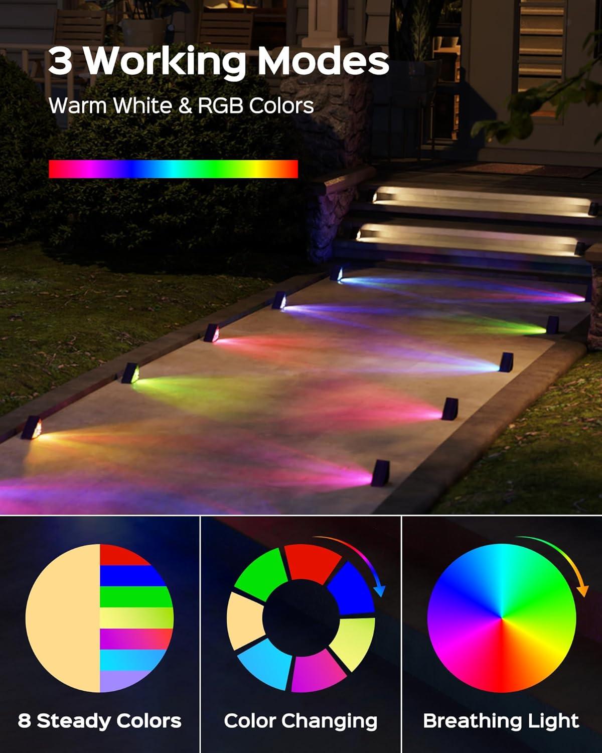 16 Pack Solar Step Lights Outdoor Waterproof LED Deck Lights Auto On Off Solar Stair Lights Outdoor Warm & RGB Color Changing Triangle Decor Lights for Steps in Patio Garden Yard Porch