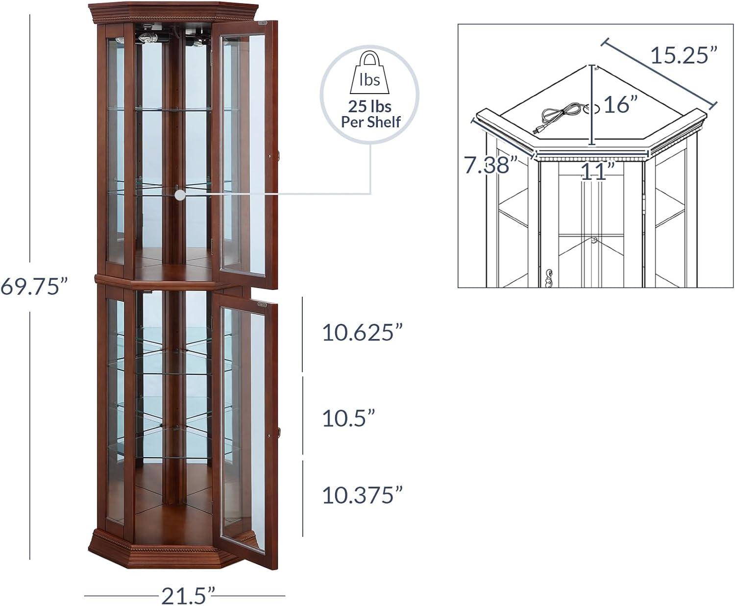 BELLEZE Lorona Floor Standing 5 Sided Lighted Corner Curio Cabinet, Walnut