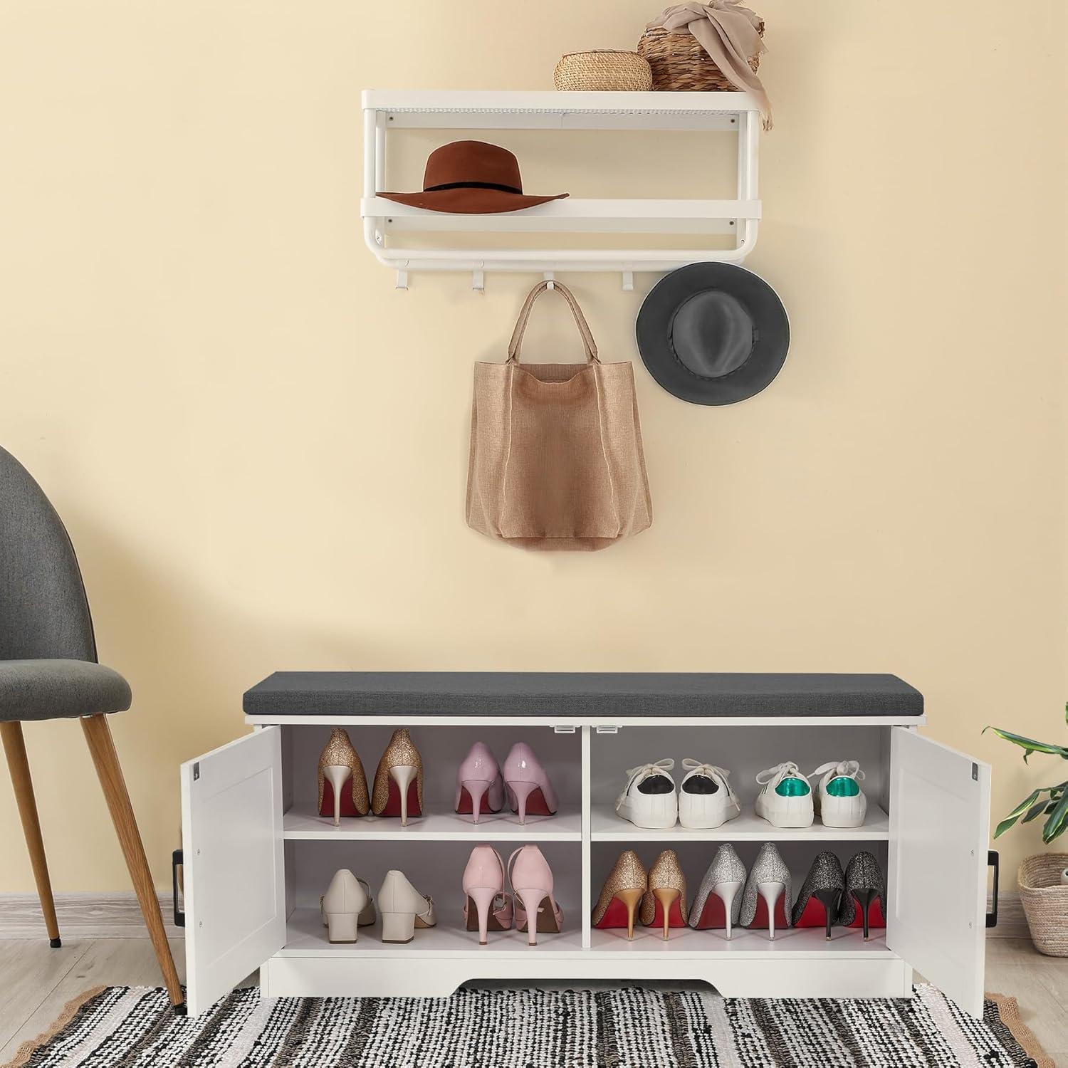 Gracie Oaks Gracie Oaks 2 Tier Shoe Storage Bench With Padded Seat Cushion, Entryway Bench With 2 Barn Doors, White, Adjustable Shelf, 13.8" D X 39.4" W X 17.7" H