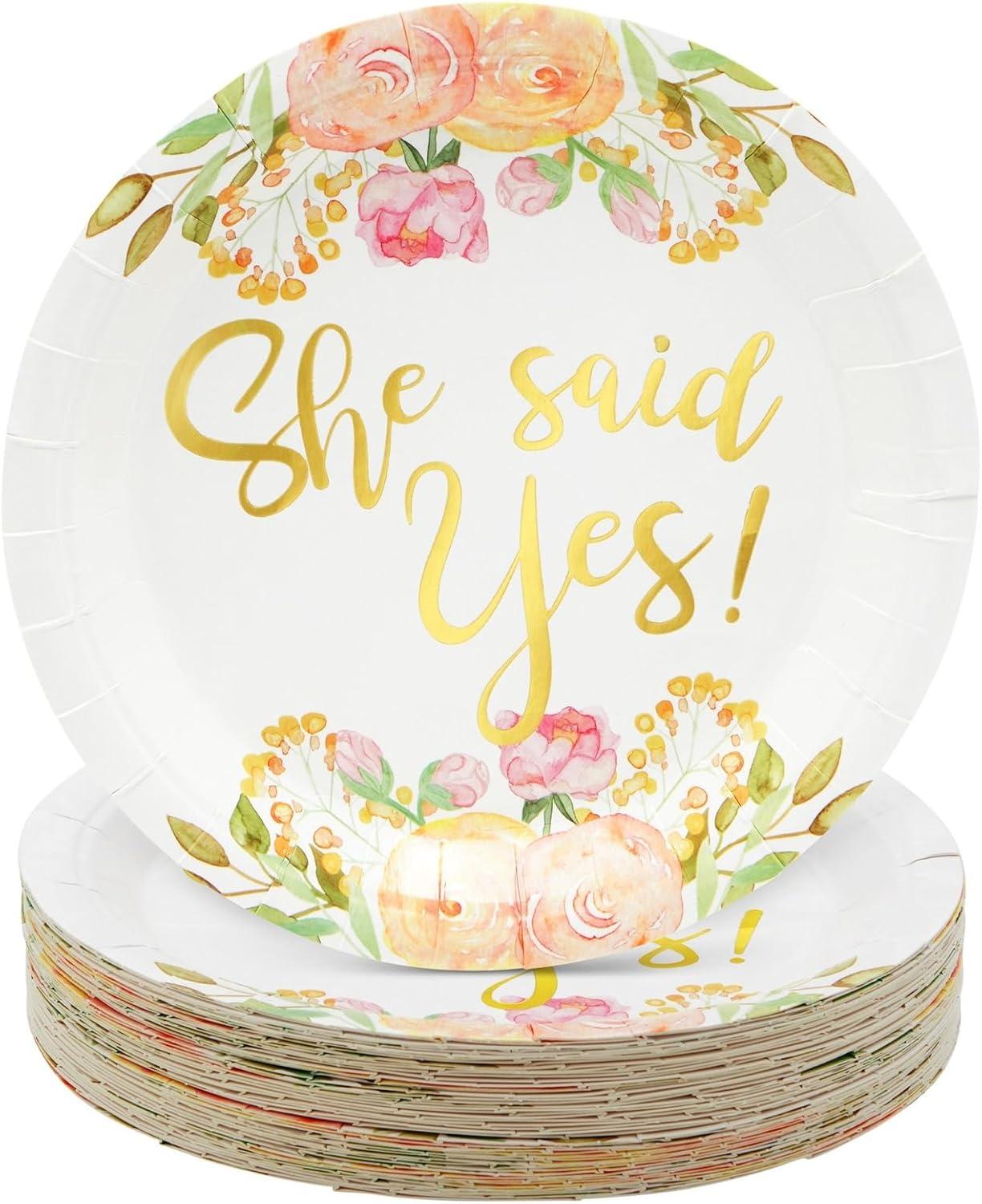 Sparkle and Bash 48-Pack Gold Foil She Said Yes Plates for Engagement Party, Bridal Shower Decorations, Bachelorette, Floral Design, 9 In