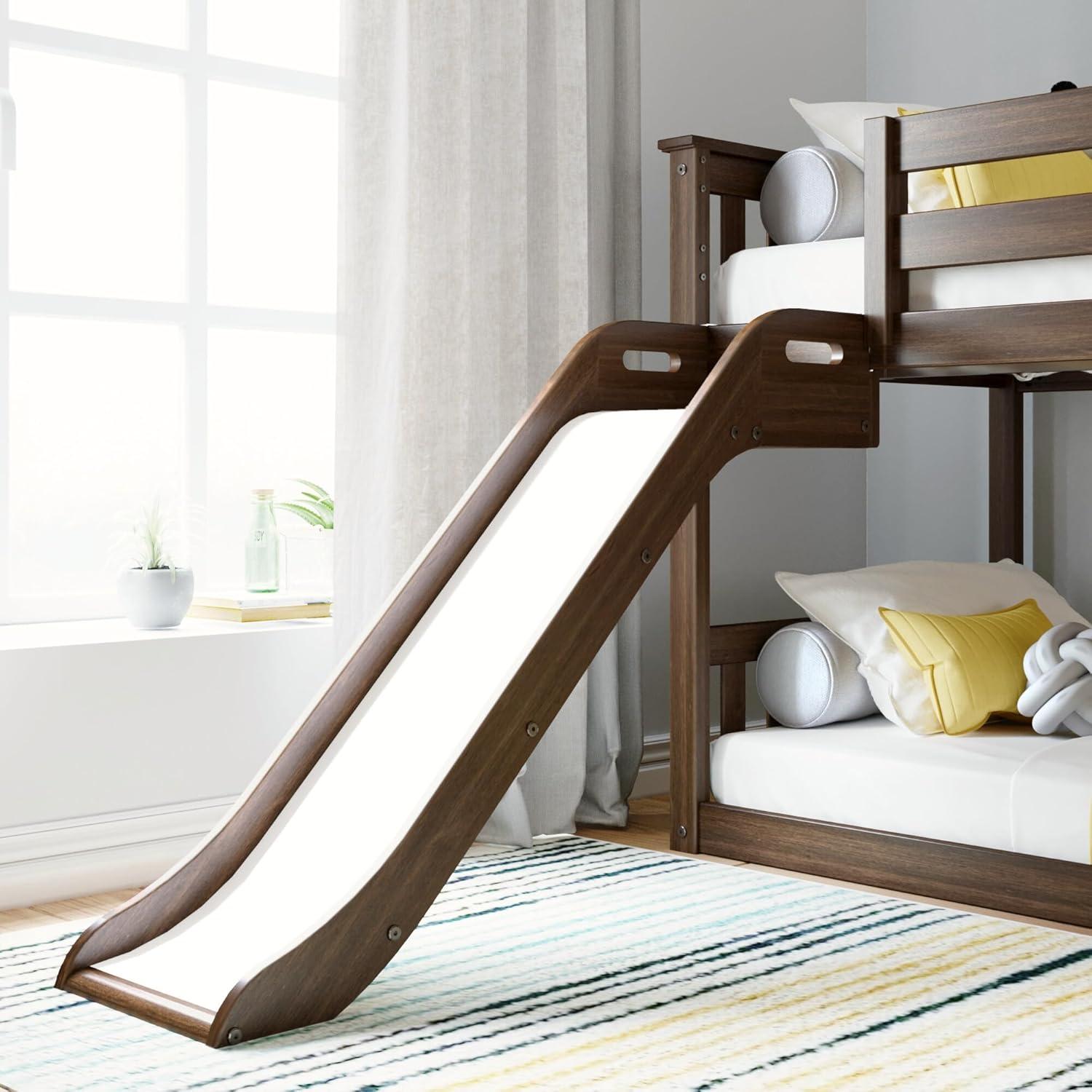 Max & Lily Twin Over Twin Low Bunk Bed with Slide, Solid Wood Kids Platform Bed with 14” Guardrails, Walnut