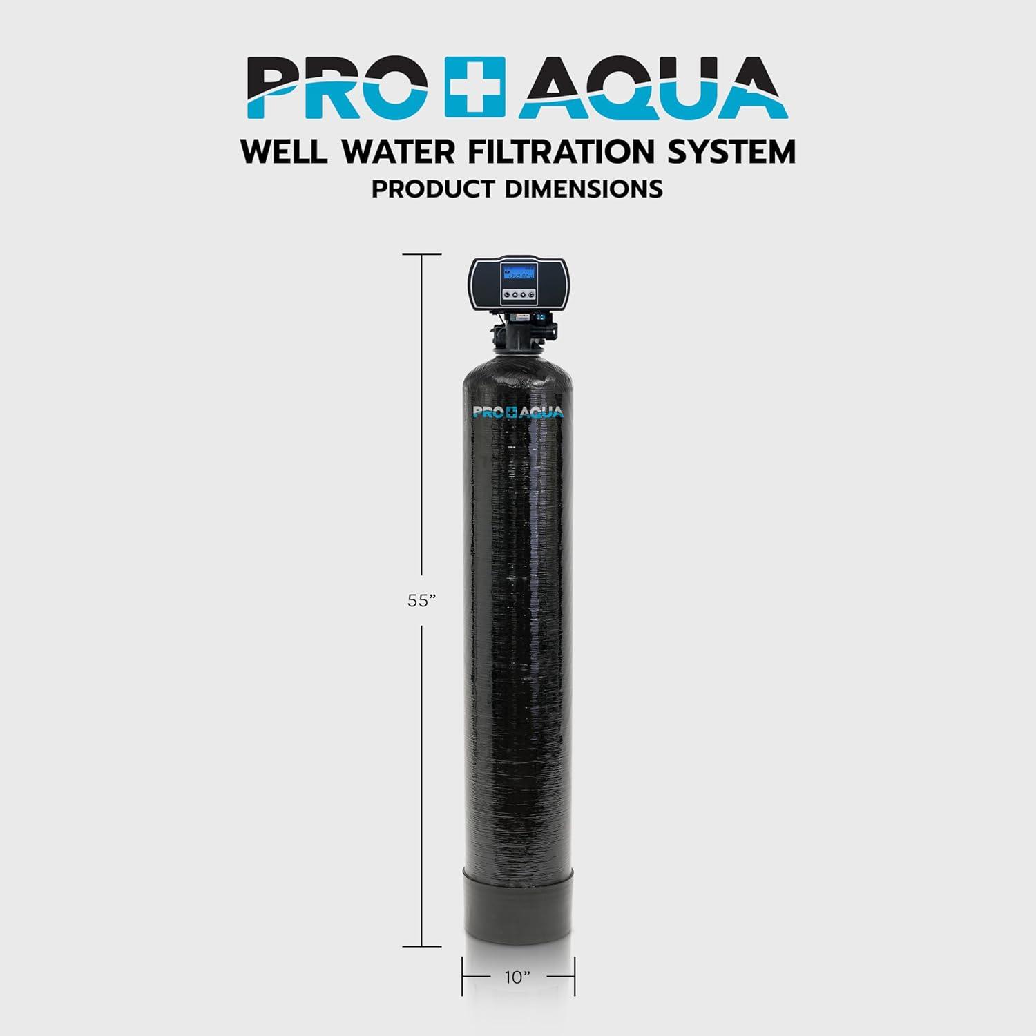 PRO+AQUA Whole House Filter System For Well Water, High Capacity, Proven Contaminant Removal, Auto-Clean, Small Footprint, Zero Water Pressure Drop, US Customer Support, 5 Year Warranty, Built in USA