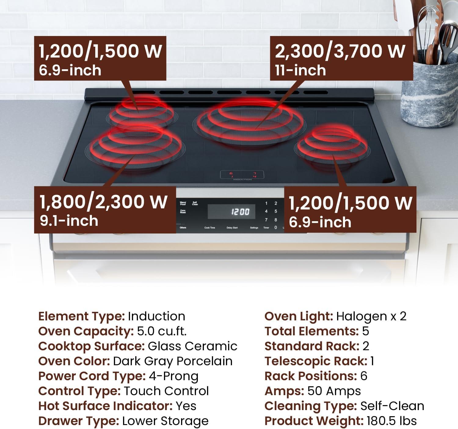 Rangaire RRI303GS 30" Glass Touch Induction Range Oven - Stainless Steel, Induction Burners, True Convection, Self Cleaning, Easy Reach Racks