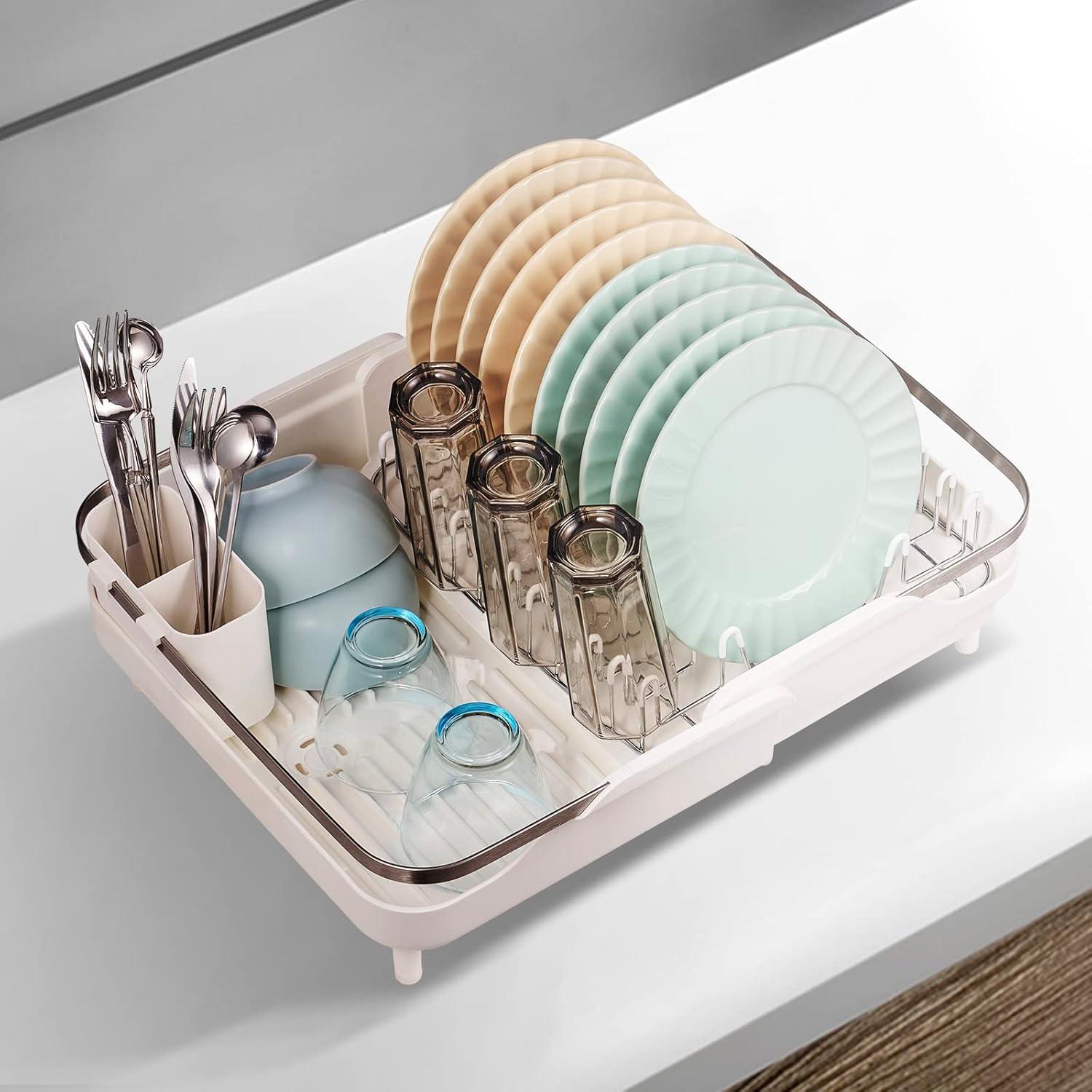 Expandable White and Stainless Steel Dish Drying Rack with Utensil Cup