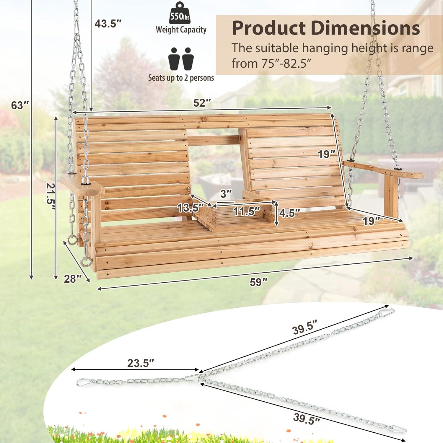 Natural Fir Wood 2-Person Porch Swing with Cup Holders