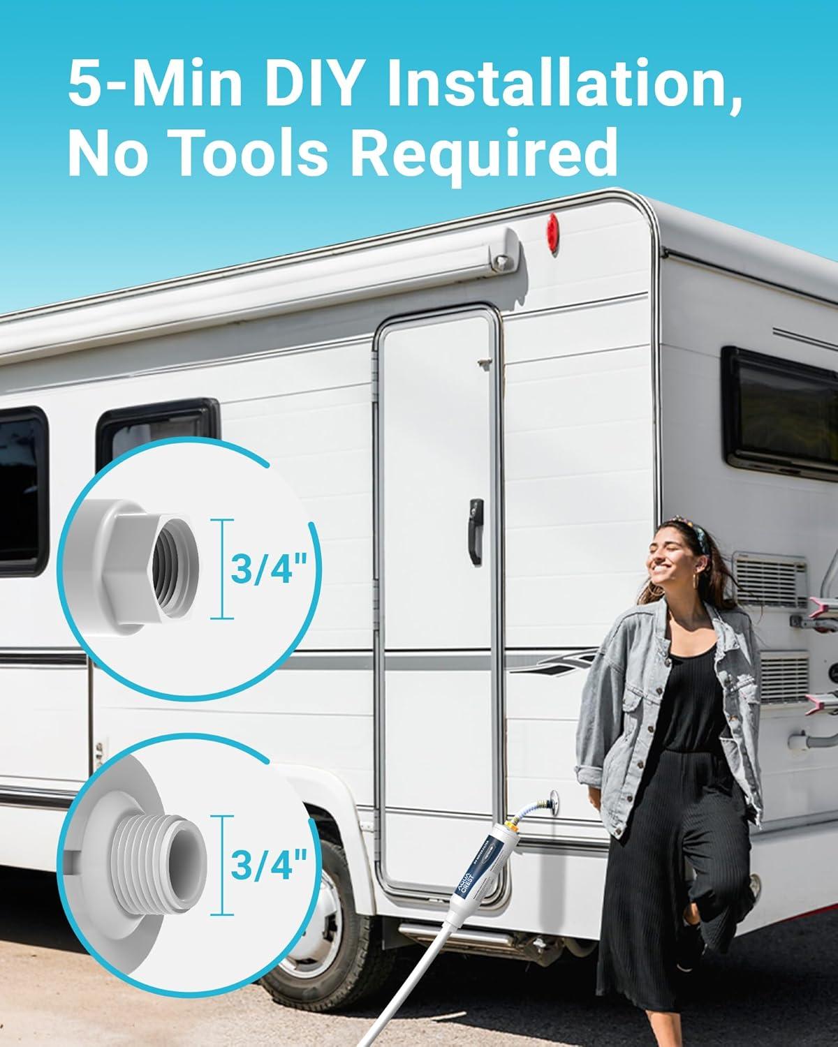 2 PACK, AQUA CREST RV Inline Water Filter with Hose Protector, NSF Certified, Greatly Reduces Chlorine, Bad Taste, Odor in Drinking Water, KDF Filter for RVs and Marines (Packaging May Vary)